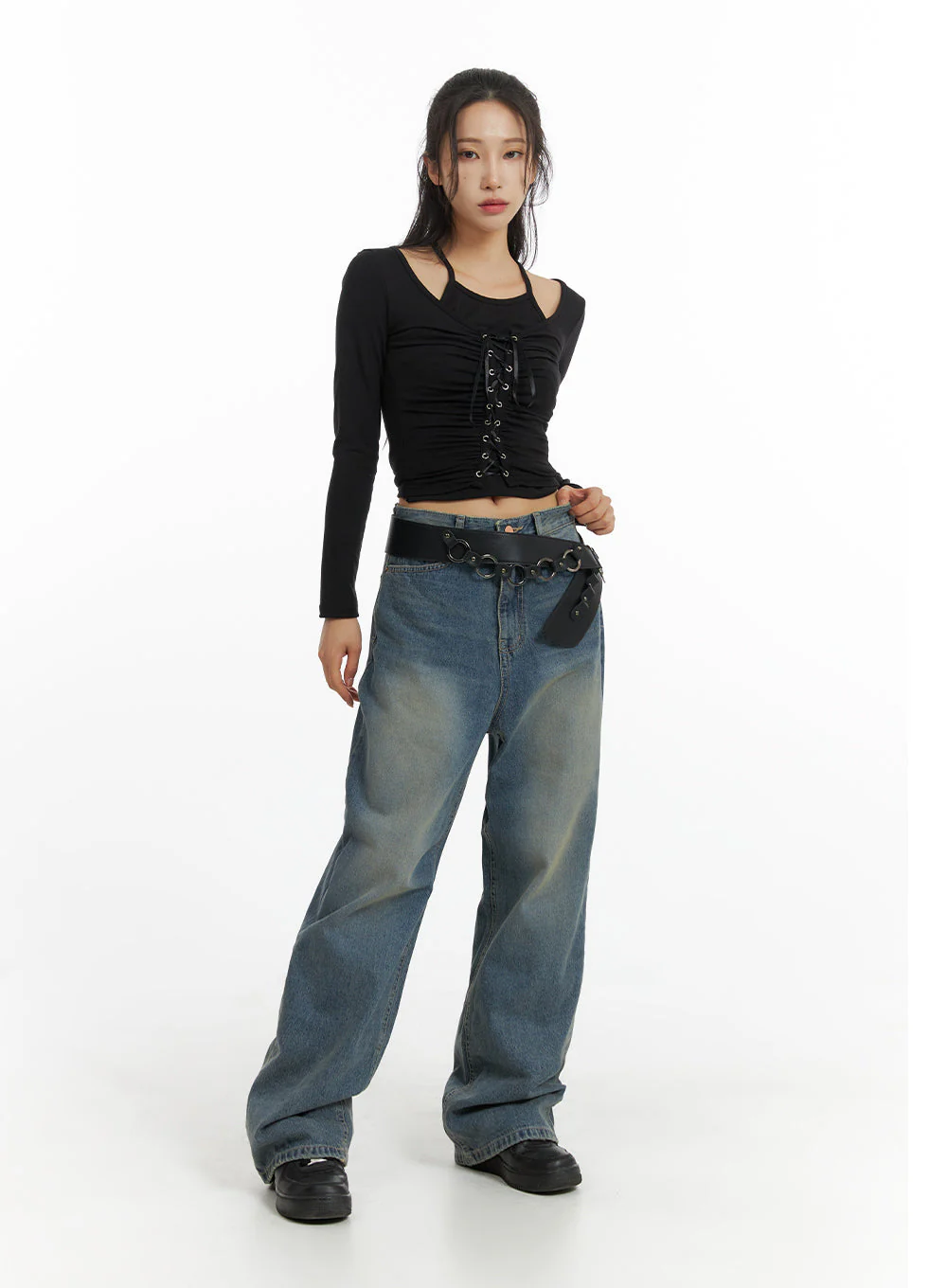 Solid Mid Waist Pocket Straight Leg Jeans IJ411 - Image 11