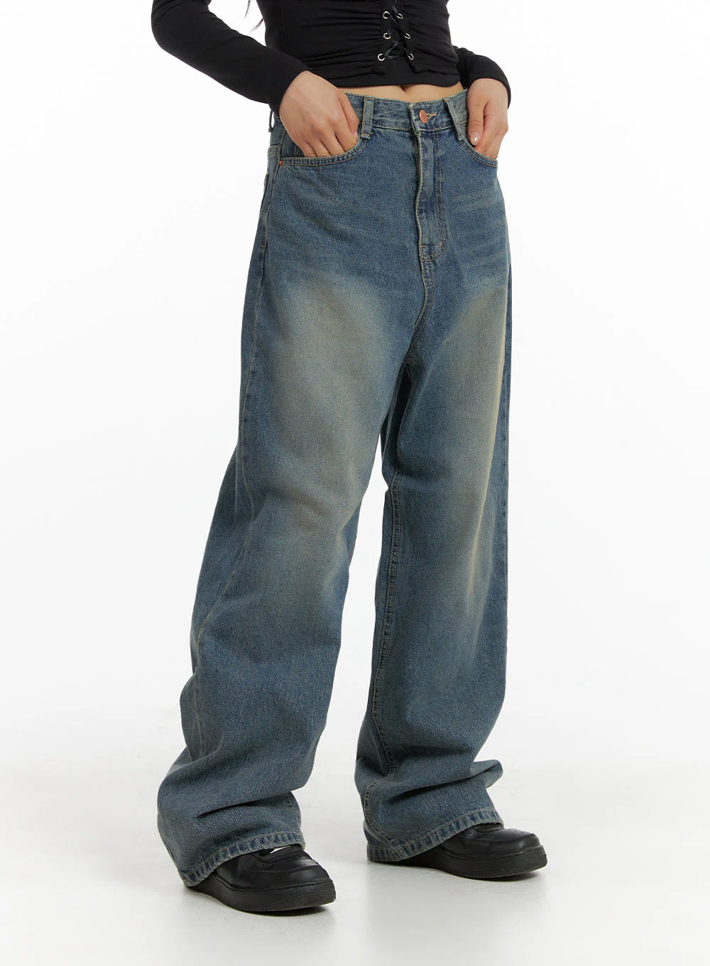Solid Mid Waist Pocket Straight Leg Jeans IJ411 - Image 2