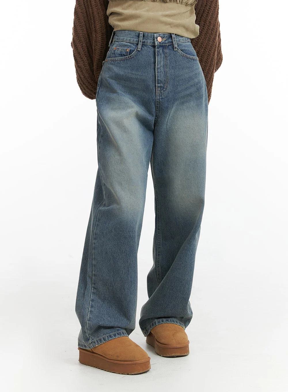 Solid Mid Waist Pocket Straight Leg Jeans IJ411 - Image 7
