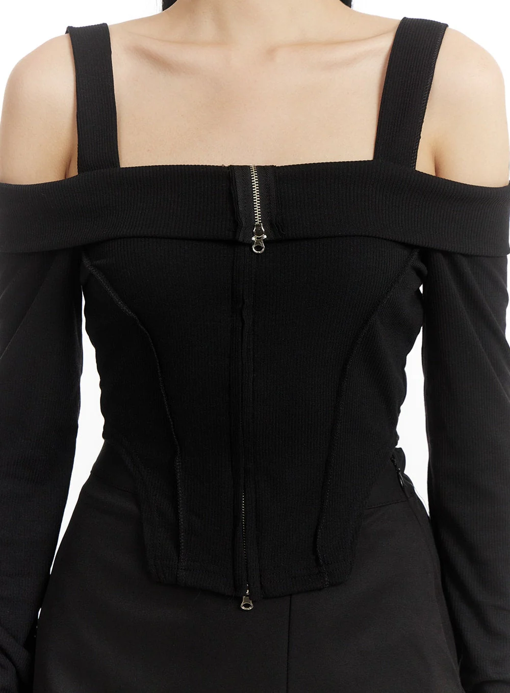 Solid Zipper Detail Off Shoulder Long Sleeve IM406 - Image 3
