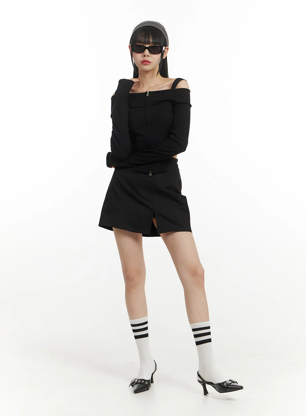 Solid Zipper Detail Off Shoulder Long Sleeve IM406 - Image 5