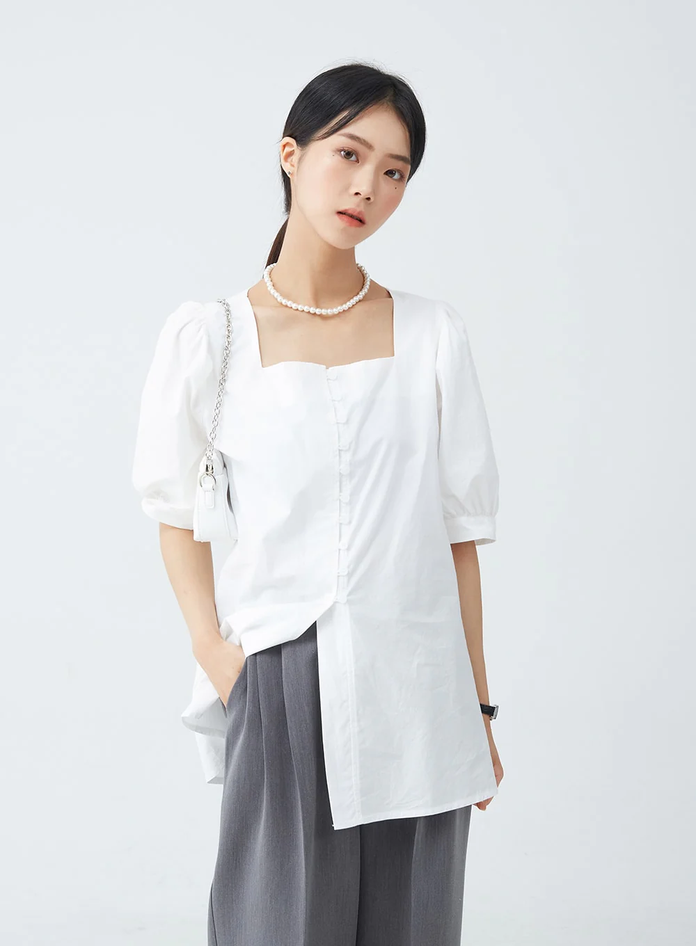 Square Neck Button-Down Slit Blouse OU19 - Image 4