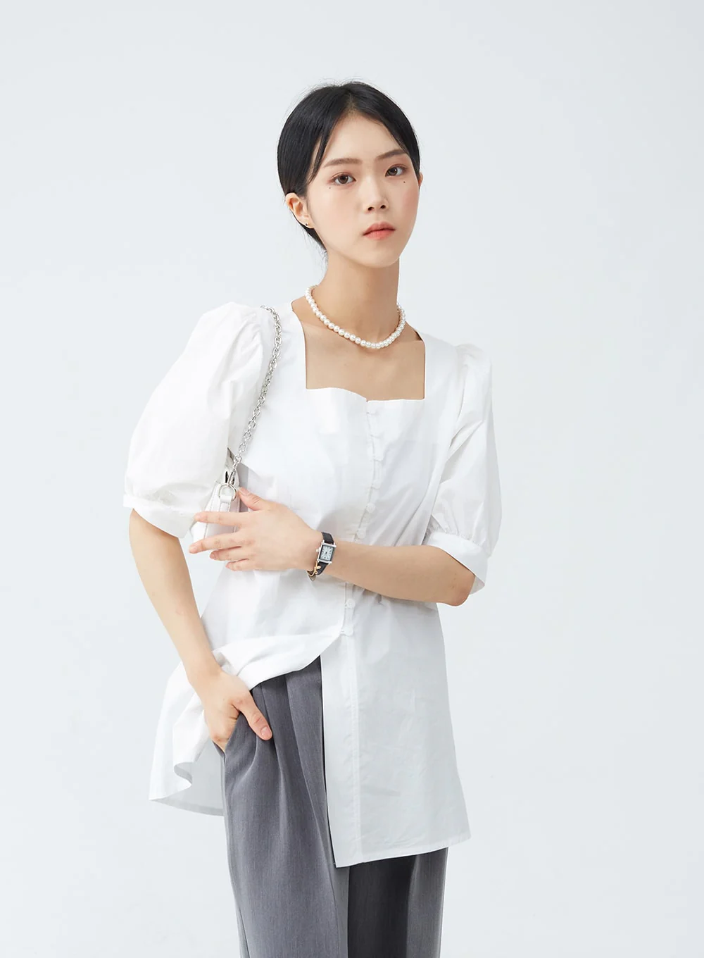 Square Neck Button-Down Slit Blouse OU19 - Image 7