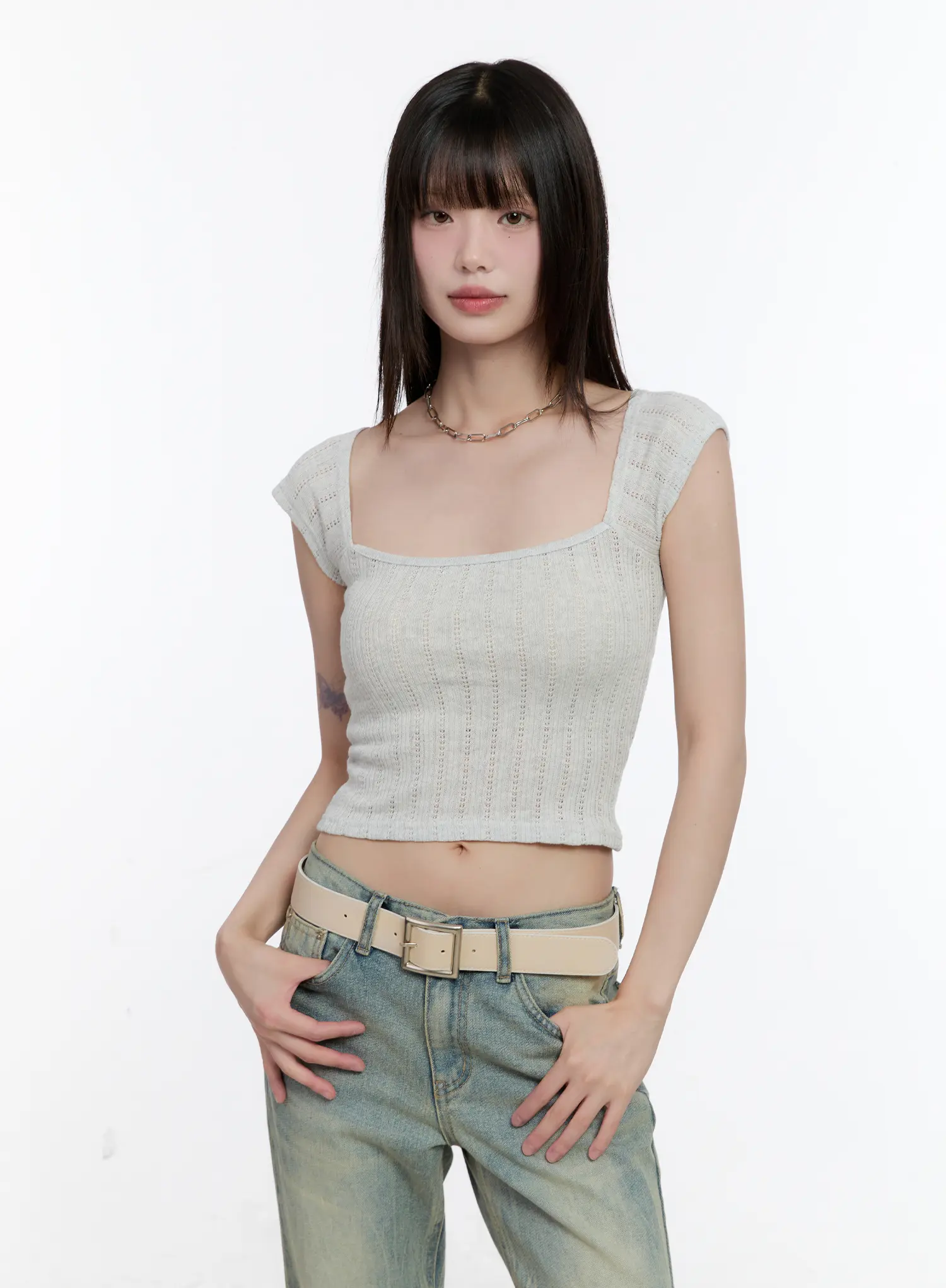 Square-Neck Cap-Sleeve Crop Top CL504 - Image 12