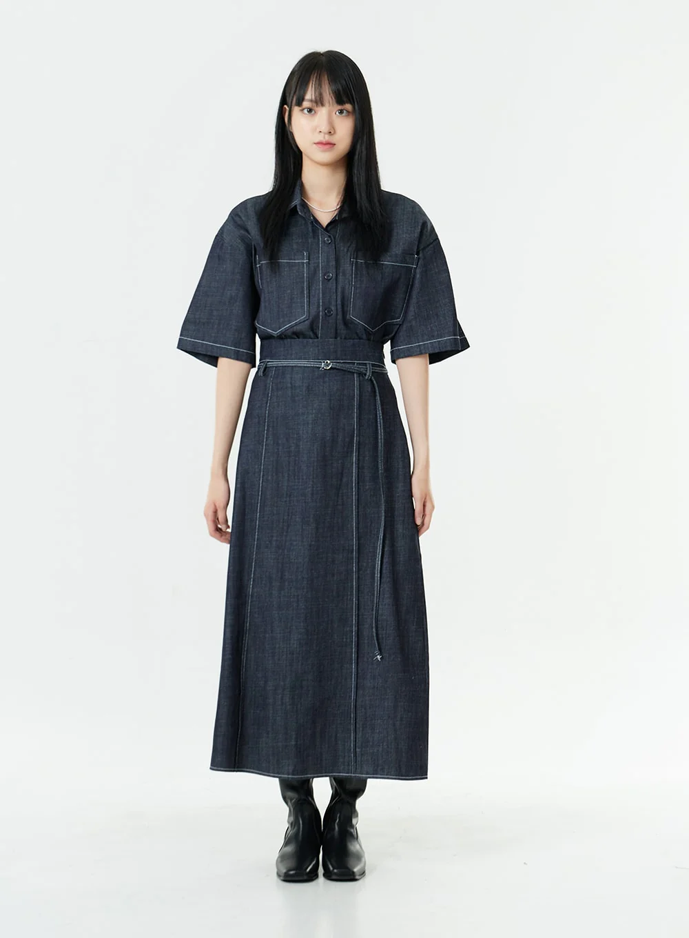 Stitch Denim Set-Up Long Skirt with Belt OG23 - Image 11