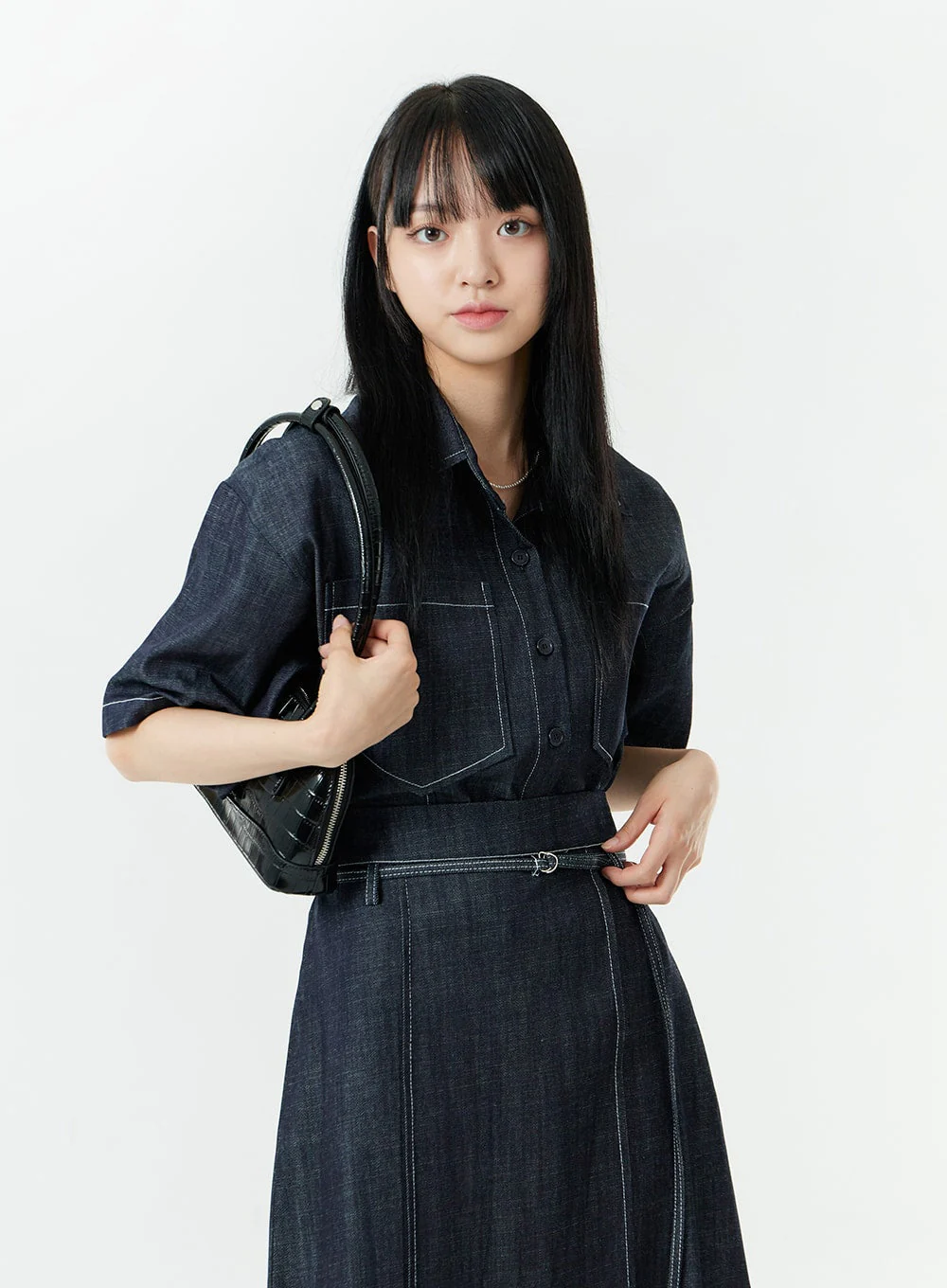 Stitch Denim Set-Up Long Skirt with Belt OG23 - Image 5