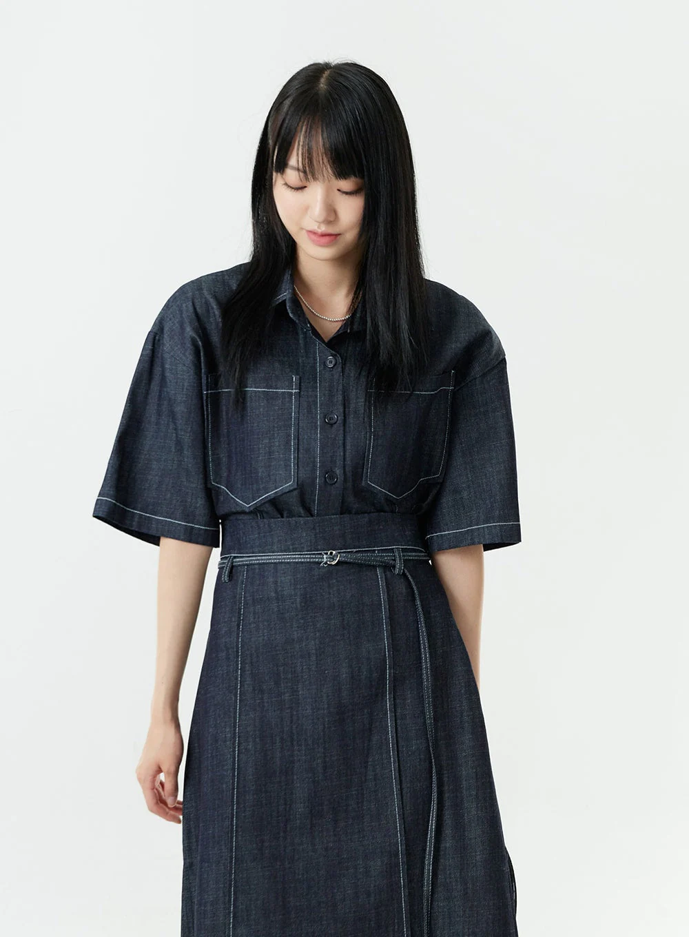 Stitch Denim Set-Up Long Skirt with Belt OG23 - Image 8