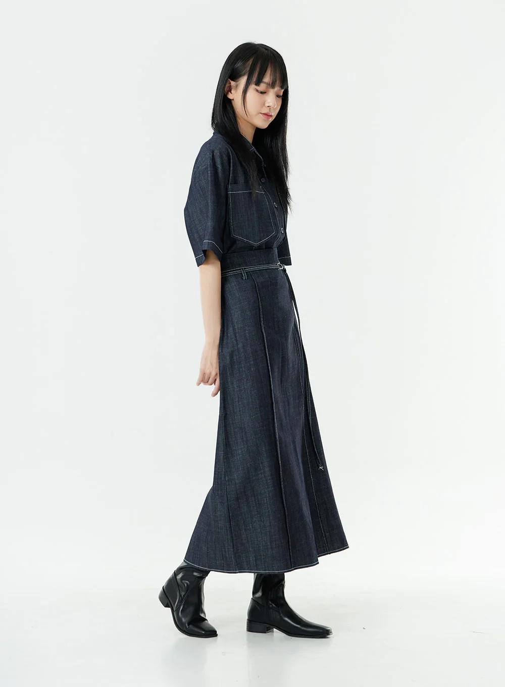 Stitch Denim Set-Up Long Skirt with Belt OG23 - Image 9