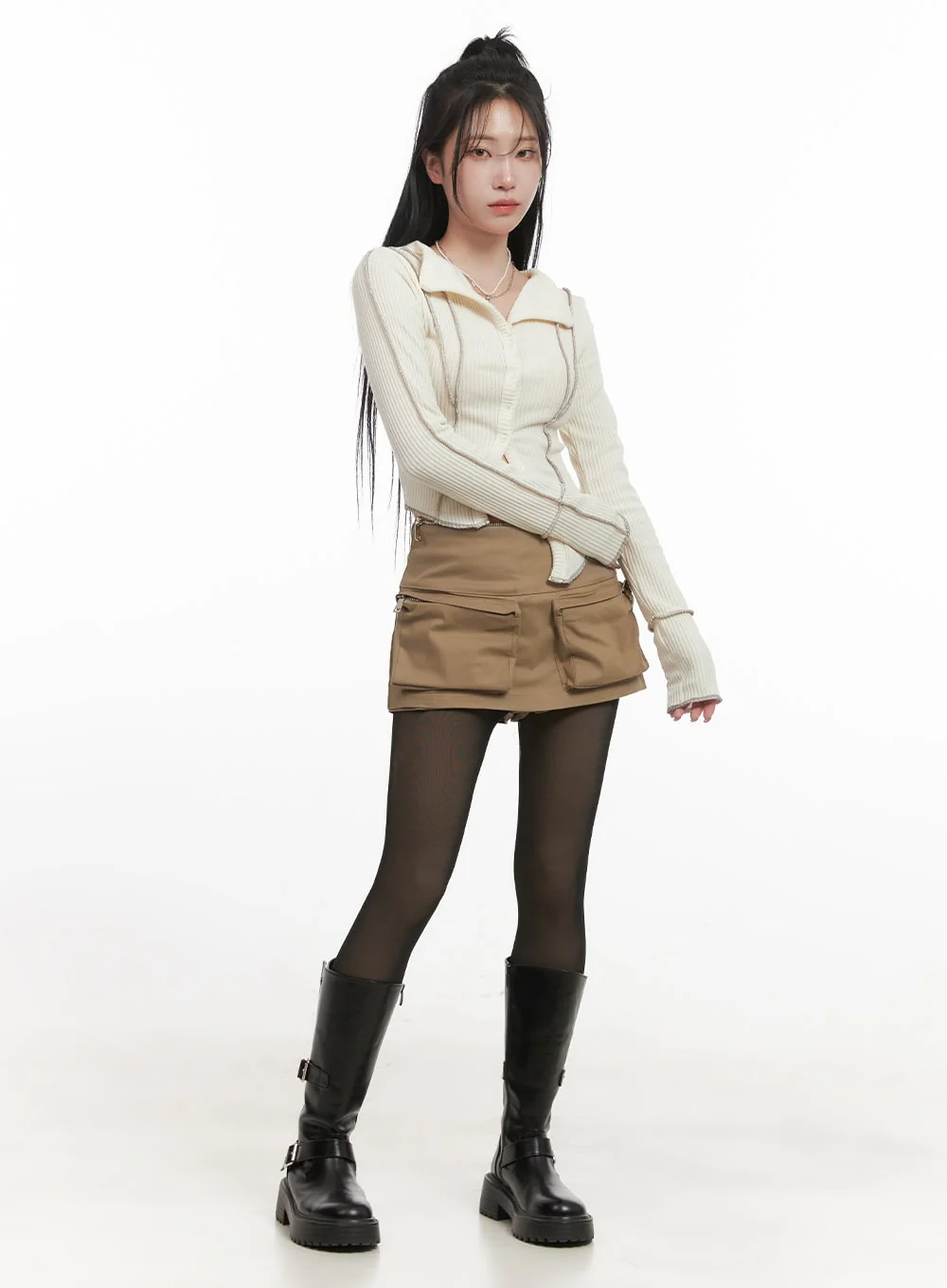 Stitched Collared Crop Cardigan CJ516 - Image 2