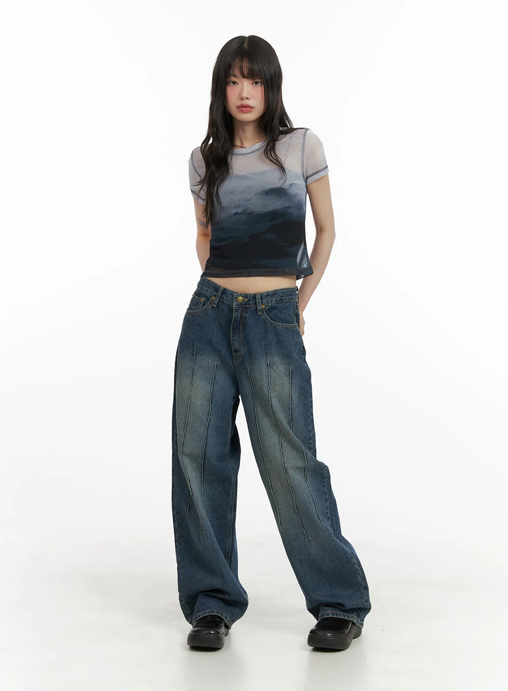 Stitched Detail Slim Fit Baggy Jeans CA412 - Image 2