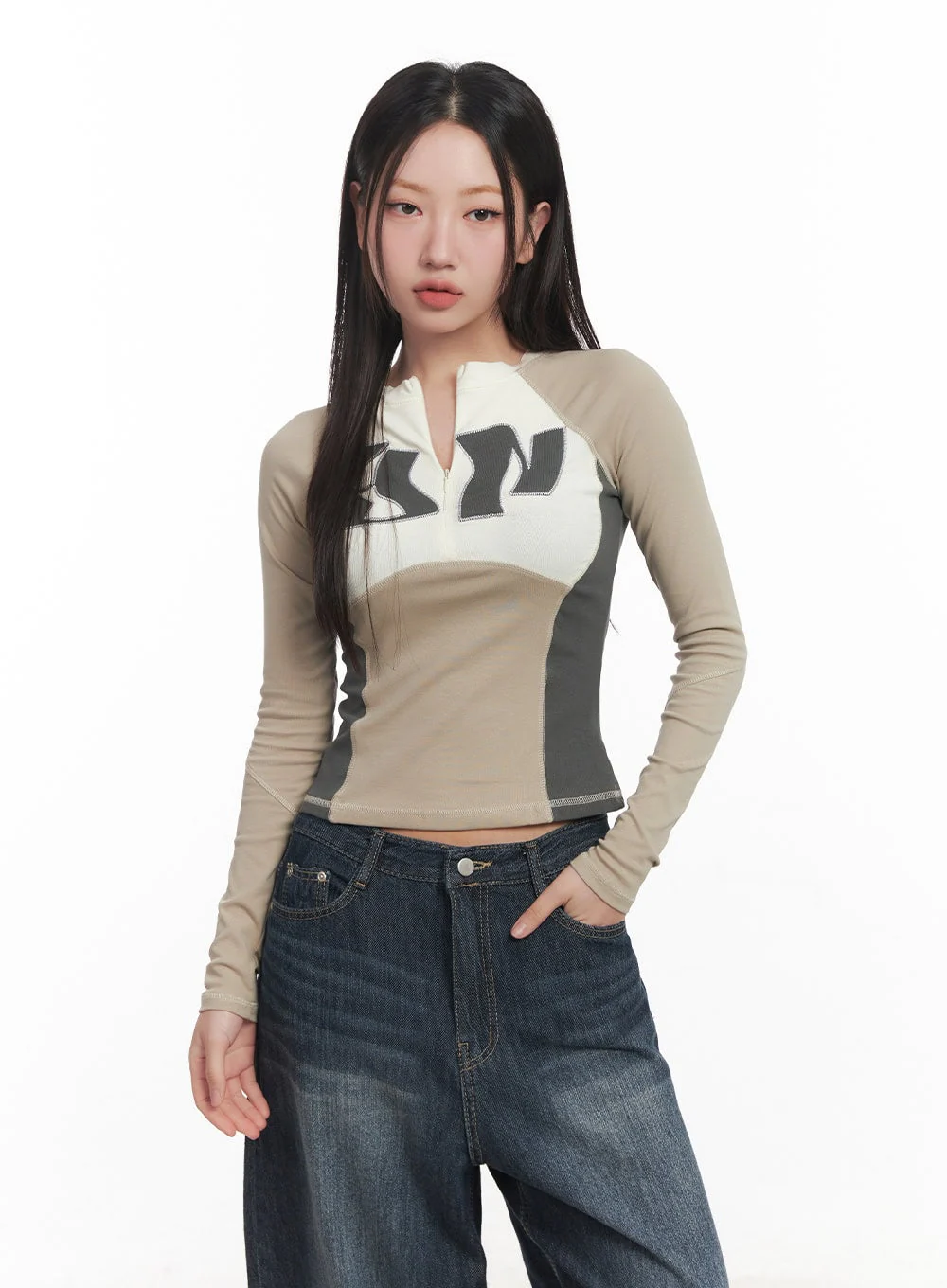 Stitched Half-Zip Long-Sleeve Crop Top CA521 - Image 5