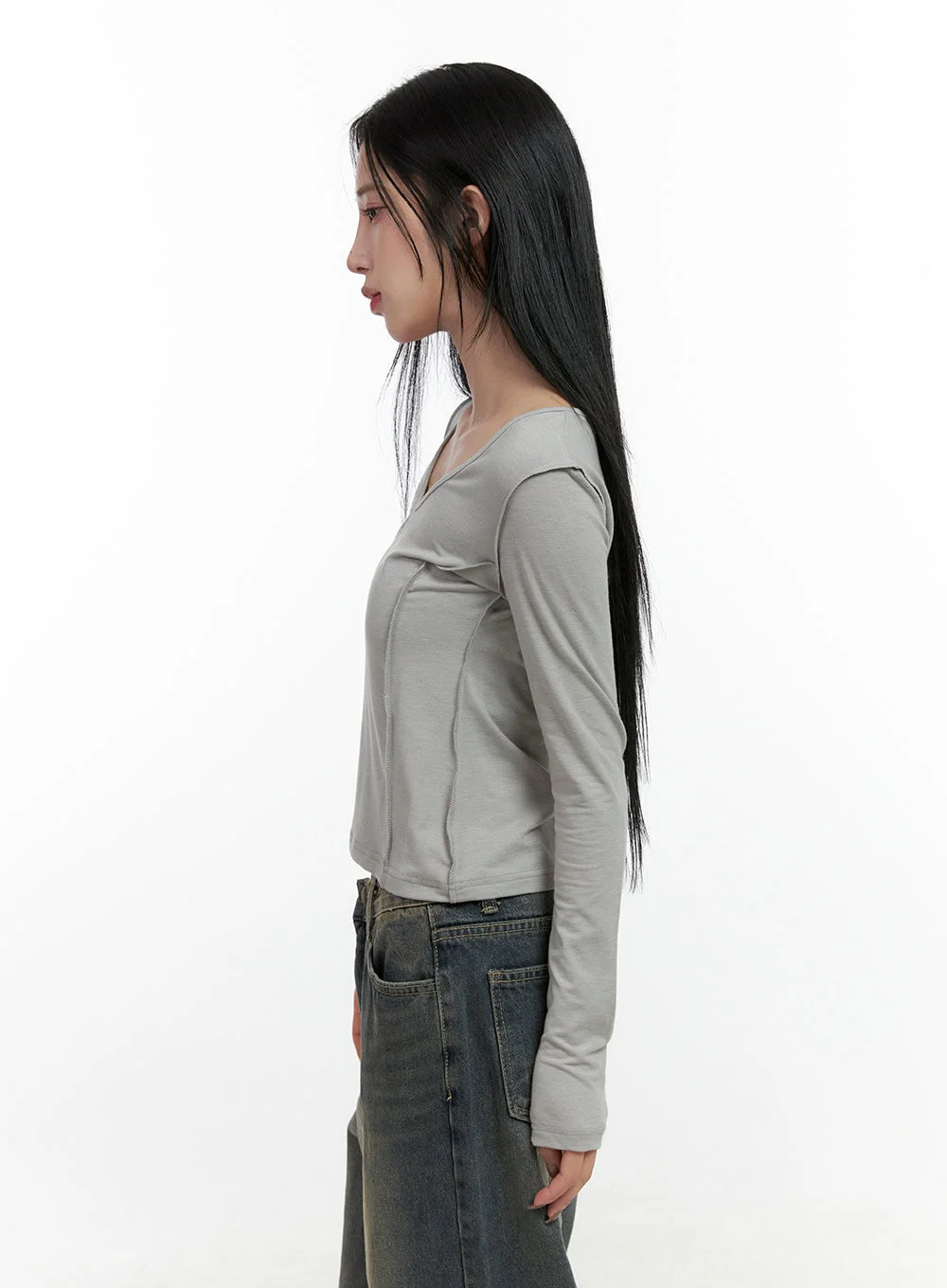 Stitched V-Neck Long Sleeve Top CN407 - Image 3