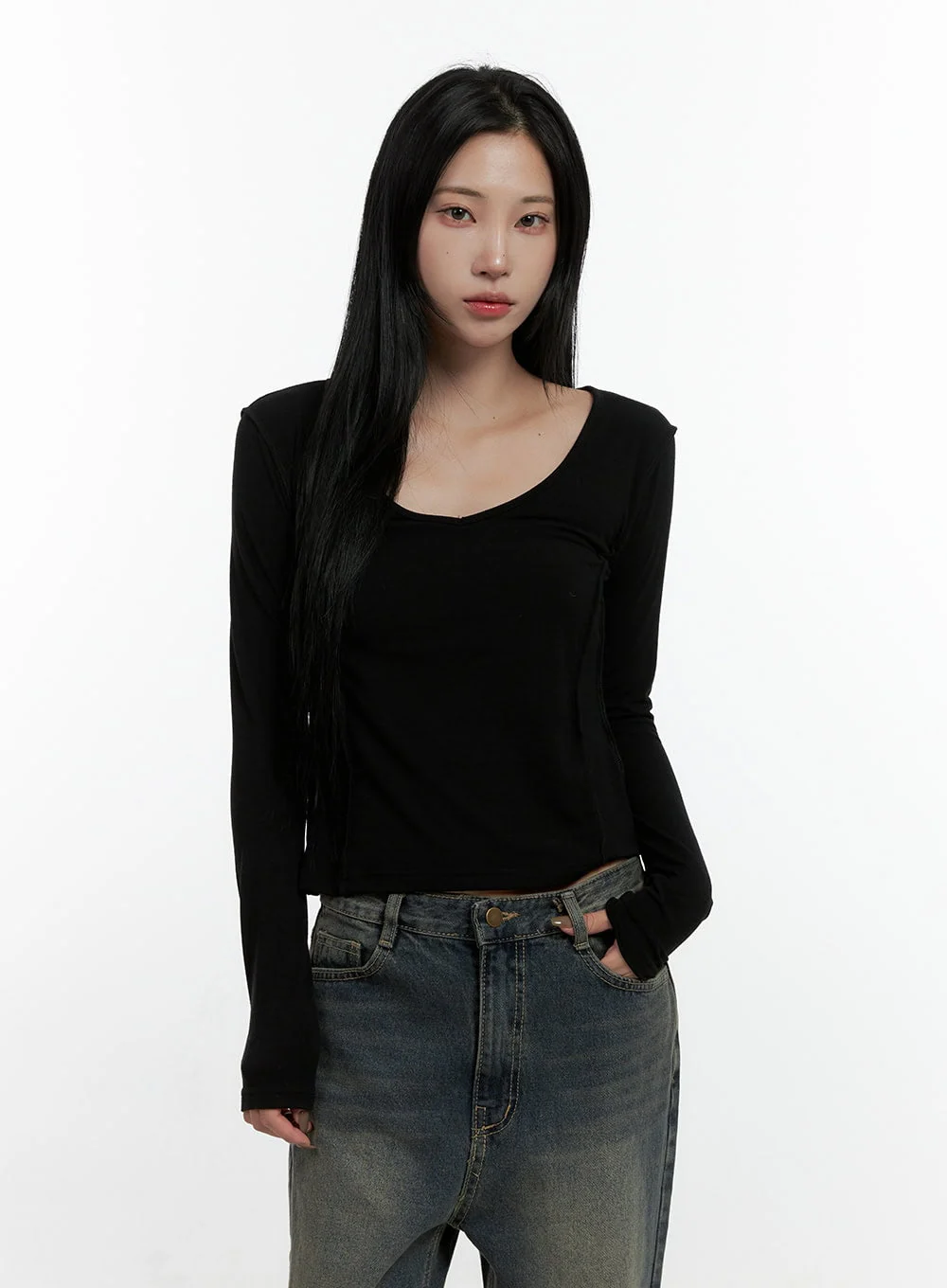 Stitched V-Neck Long Sleeve Top CN407 - Image 6