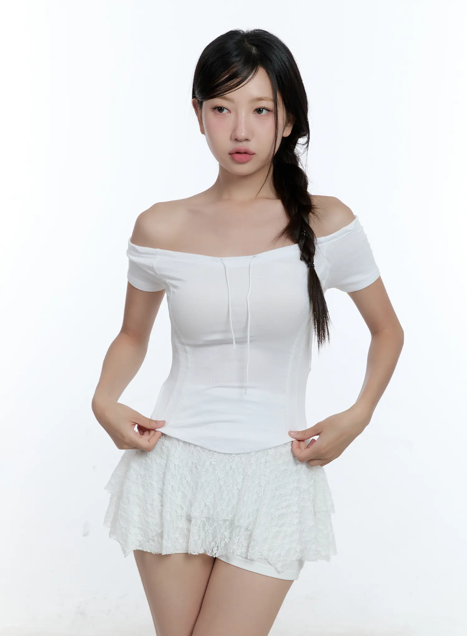 String Detail Off-Shoulder Crop Top CU527 - Image 11