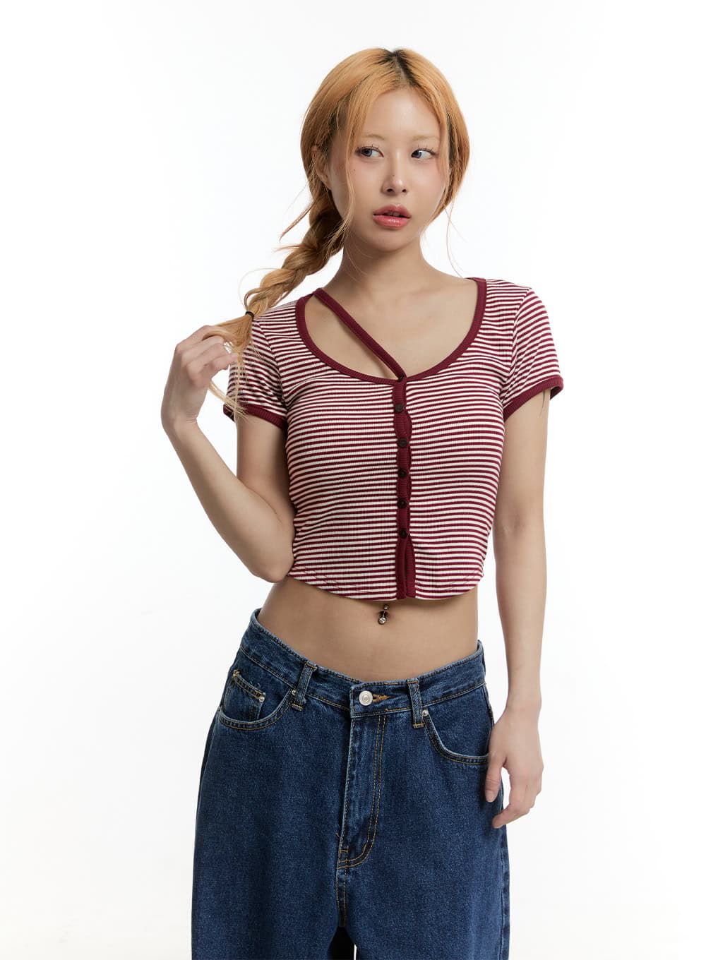 Stripe Buttoned Crop Top CY501 - Image 2