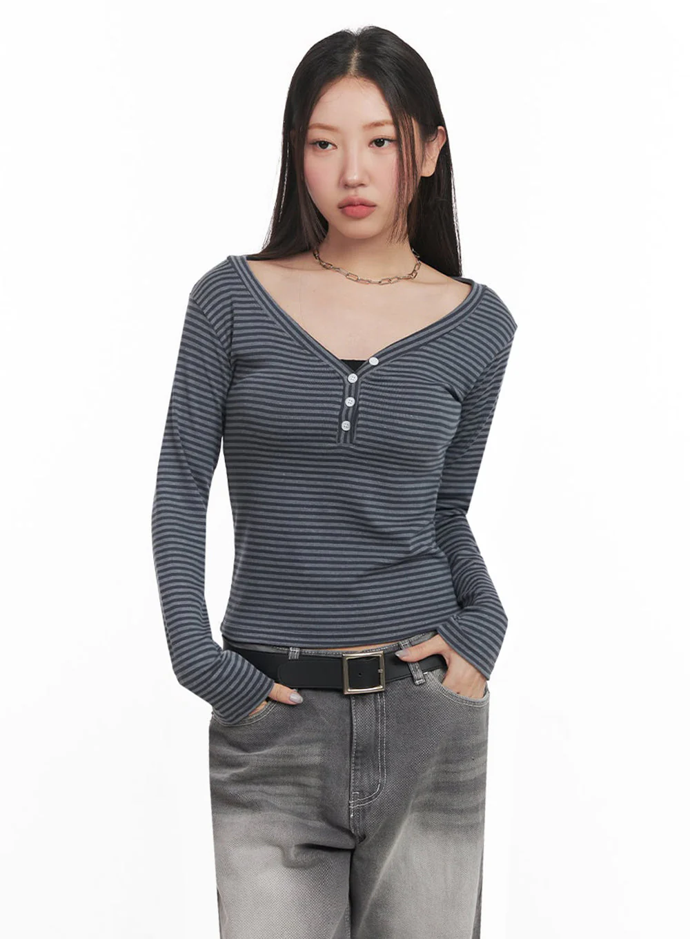Stripe Buttoned Long-Sleeve Top IM524 - Image 14