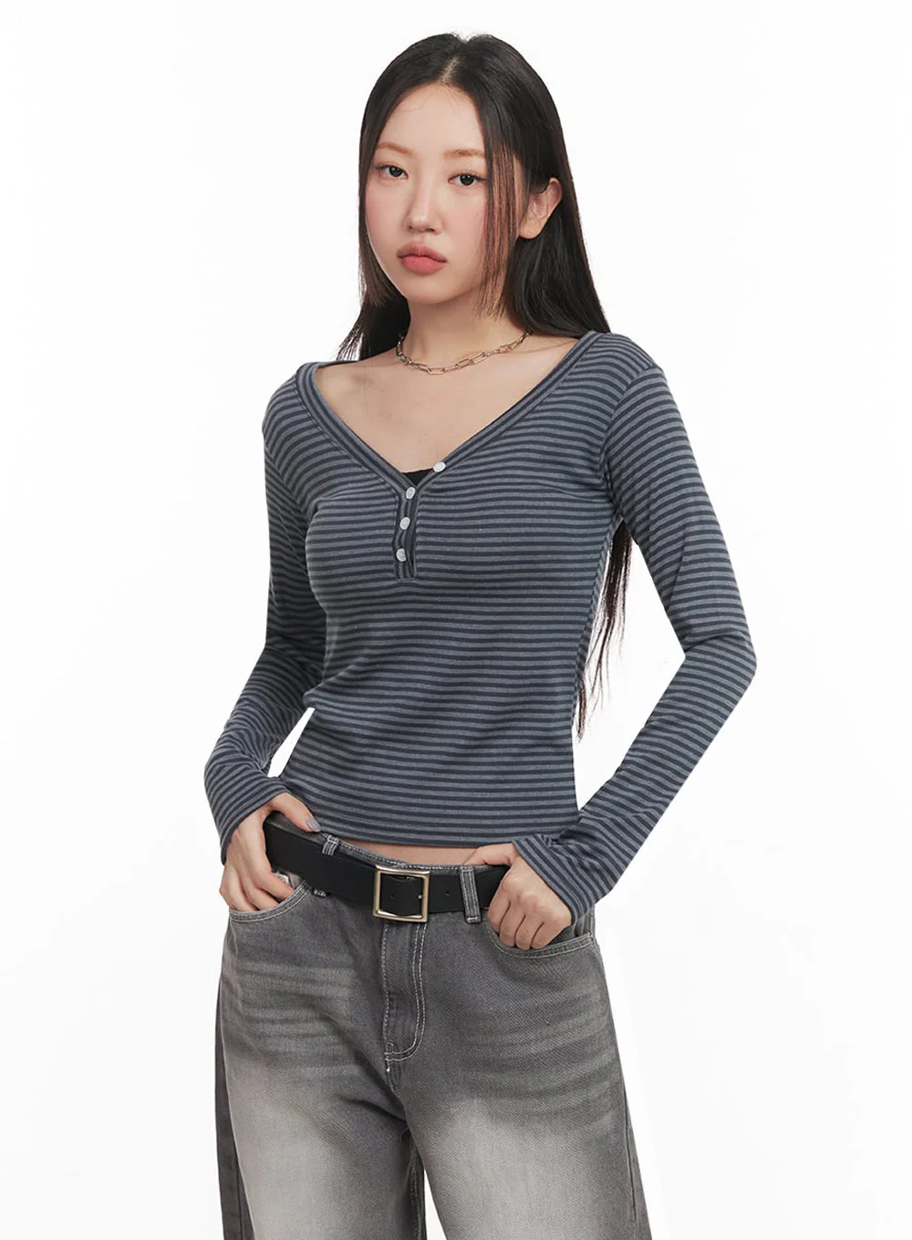 Stripe Buttoned Long-Sleeve Top IM524 - Image 5