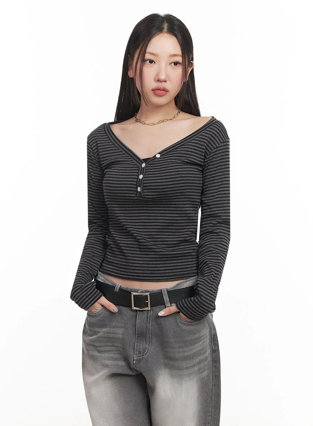 Stripe Buttoned Long-Sleeve Top IM524 - Image 7