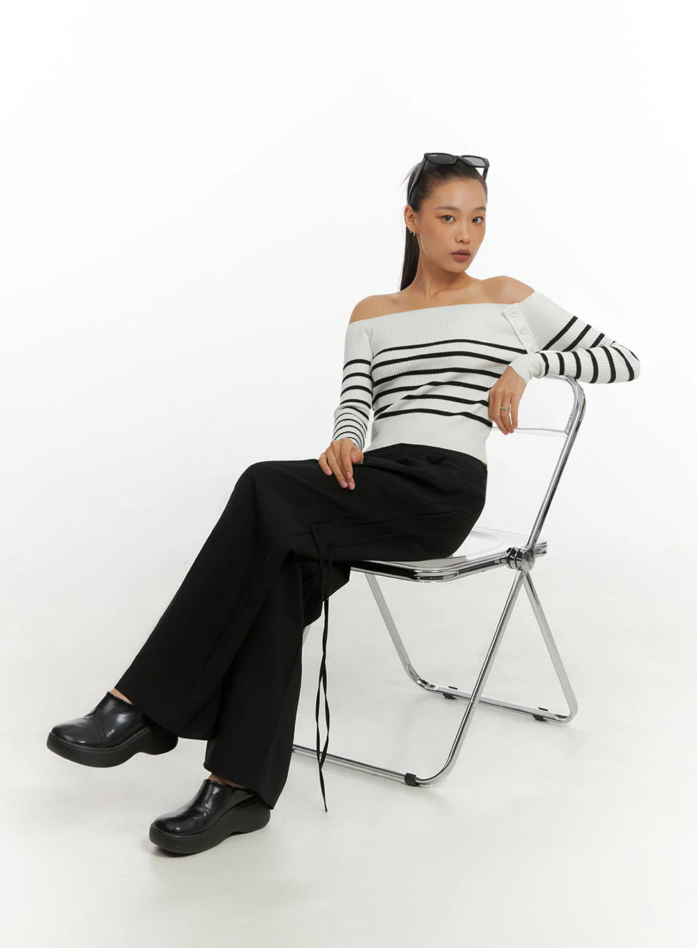 Stripe Buttoned Off-Shoulder Top IO409 - Image 13