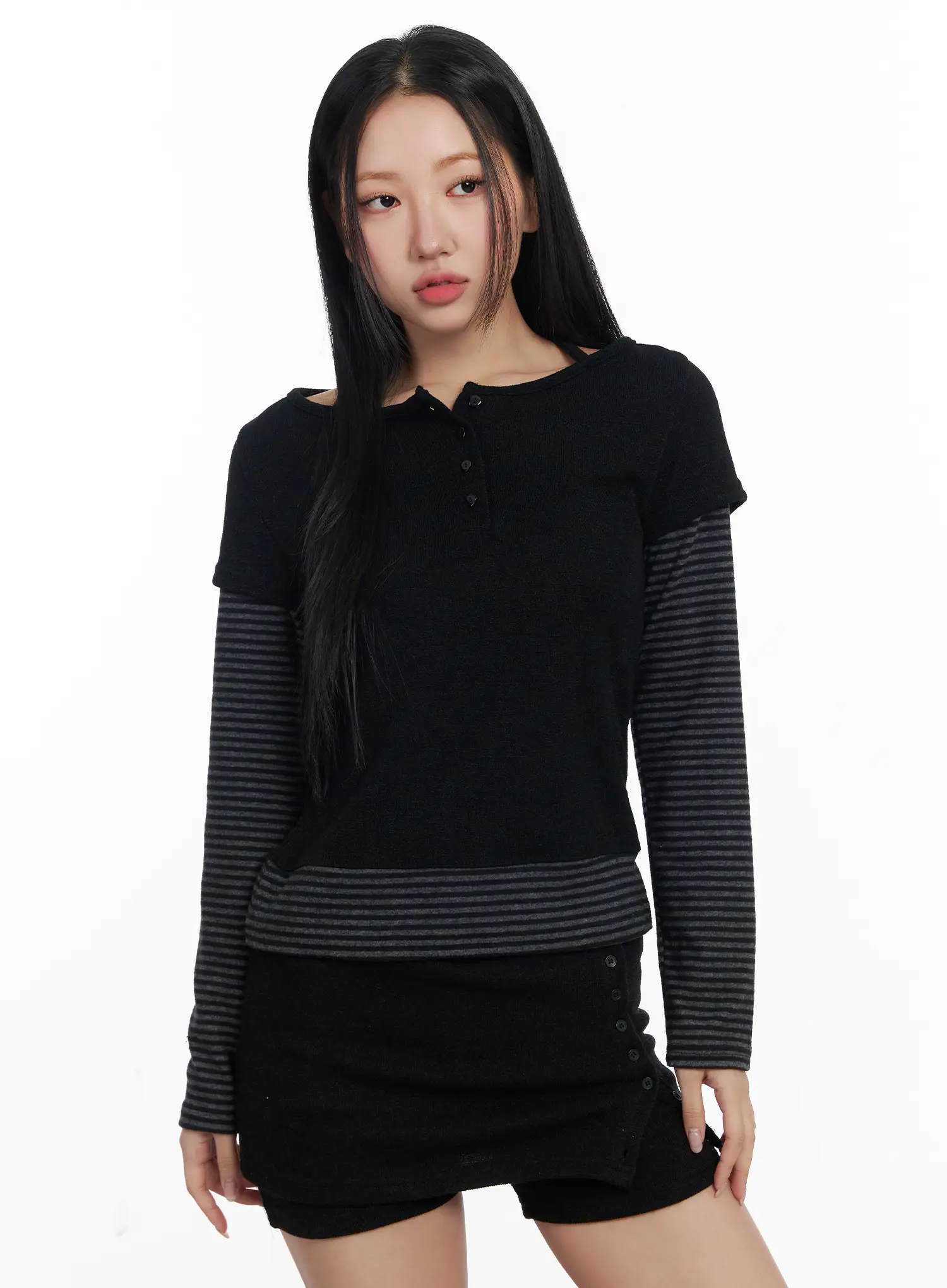Stripe Contrast Layered Long Sleeve Top CJ514