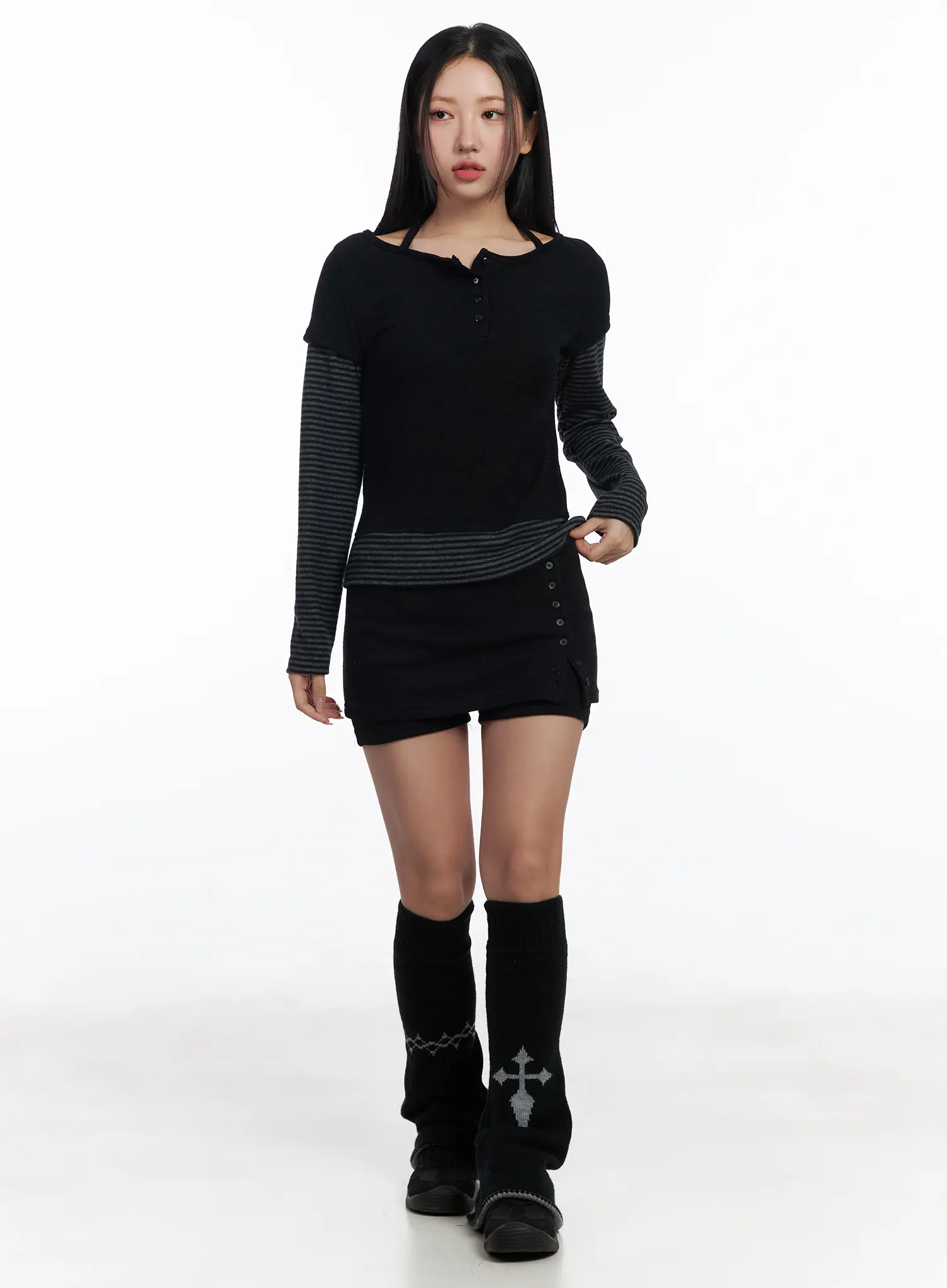 Stripe Contrast Layered Long Sleeve Top CJ514 - Image 2