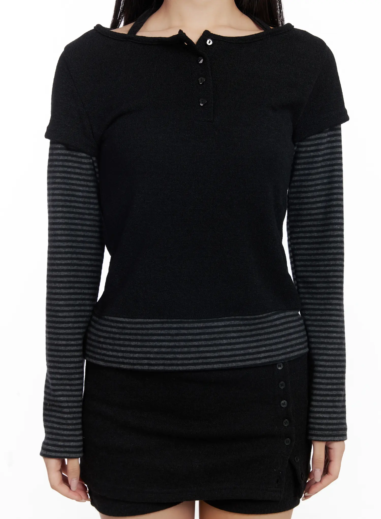 Stripe Contrast Layered Long Sleeve Top CJ514 - Image 3