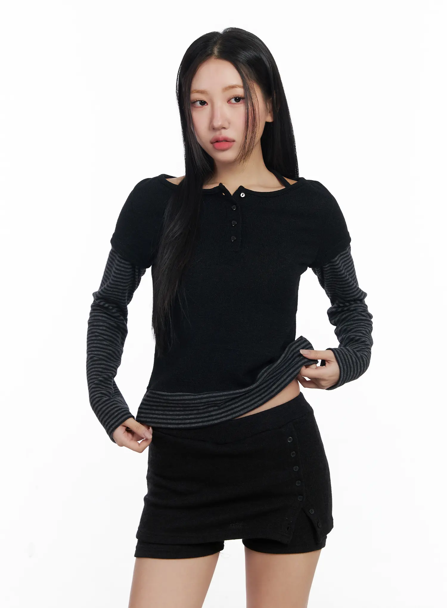 Stripe Contrast Layered Long Sleeve Top CJ514 - Image 4