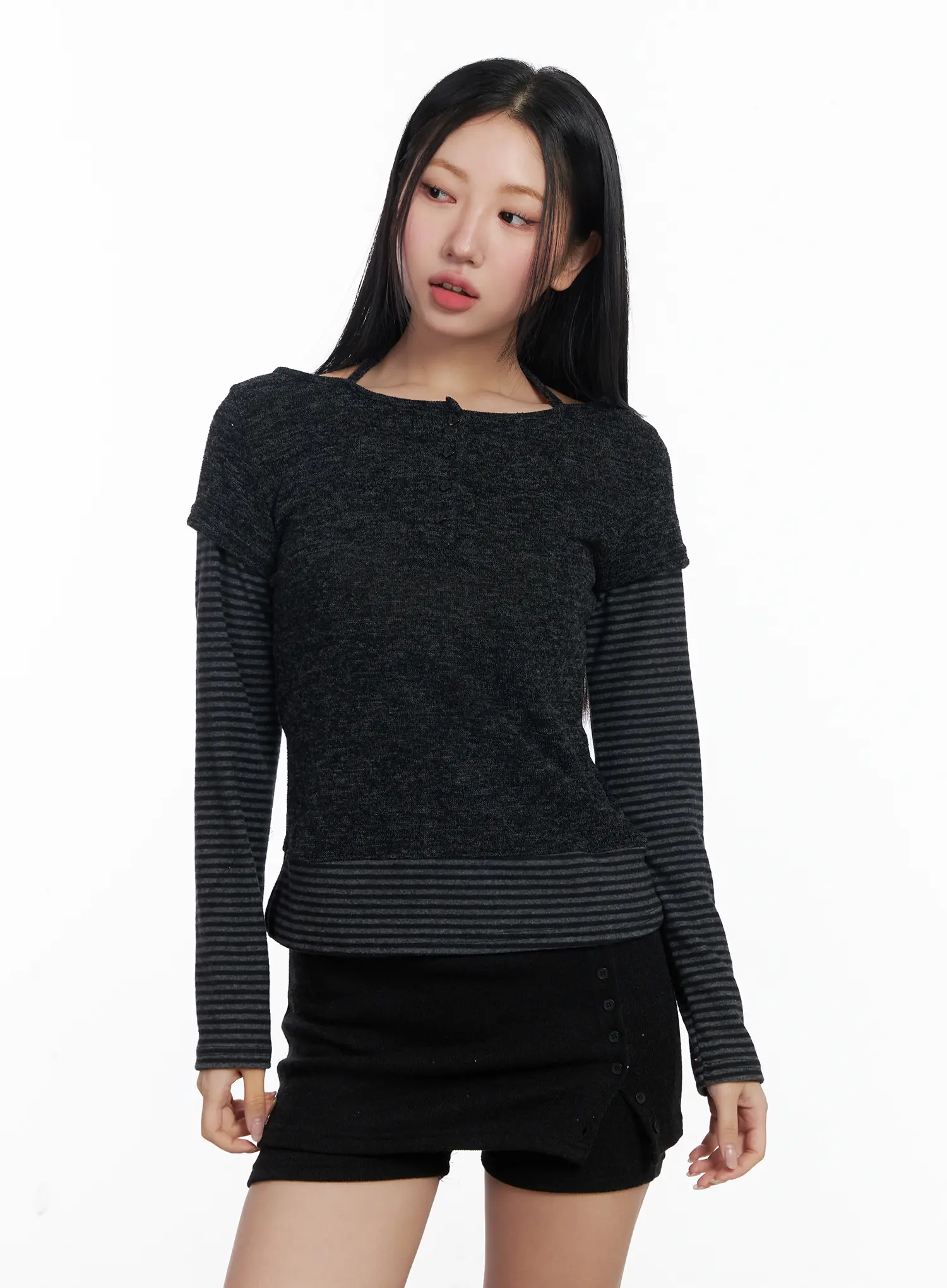 Stripe Contrast Layered Long Sleeve Top CJ514 - Image 9