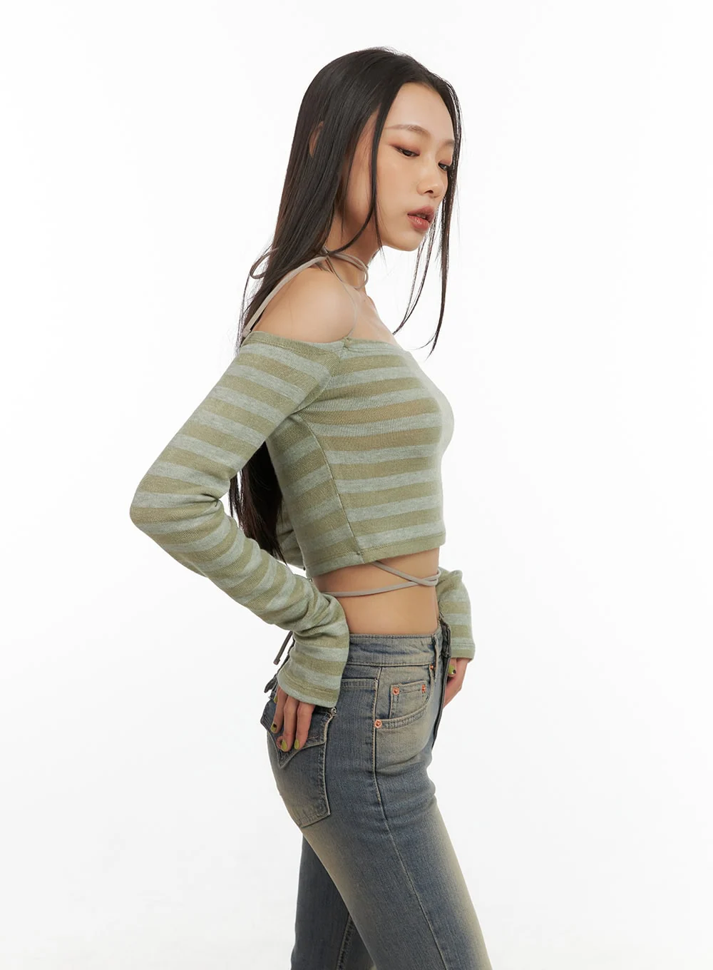 Stripe String Off-Shoulder Crop Top CO424 - Image 4