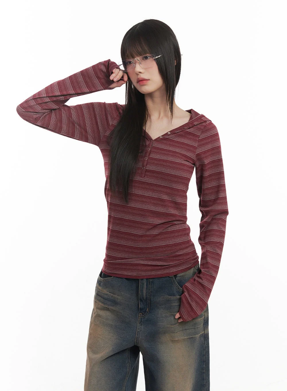 Striped Buttoned Slim-Fit Hoodie CF519 - Image 3