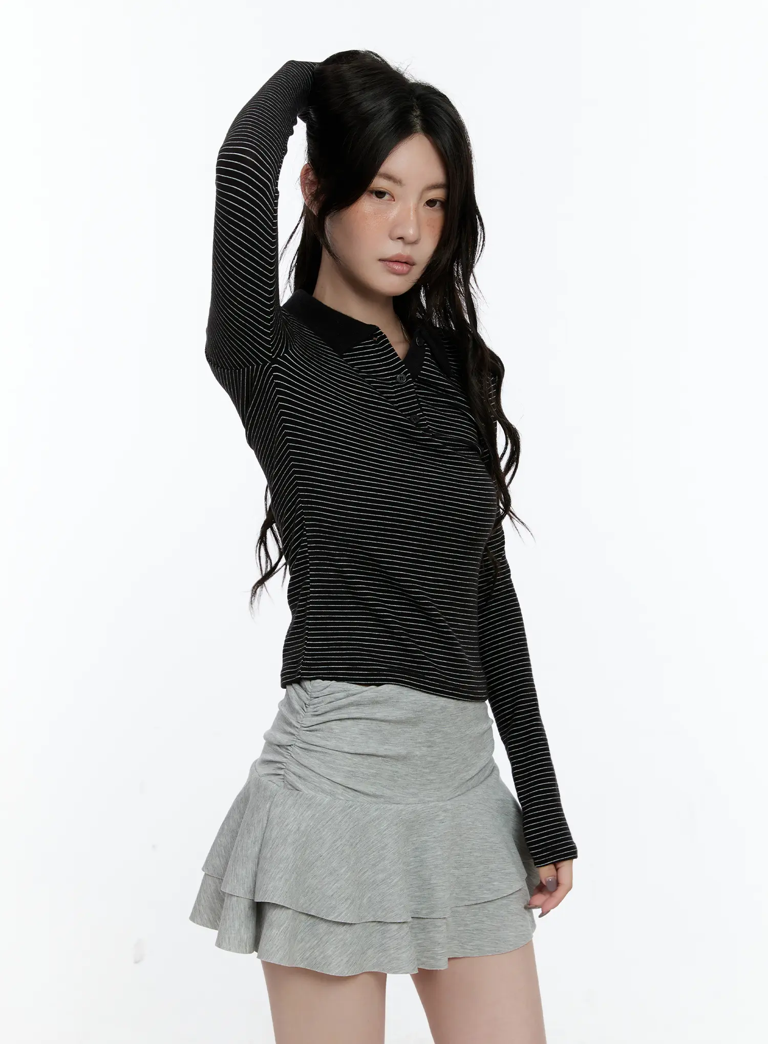 Striped Collar Long Sleeve Top CN517 - Image 2