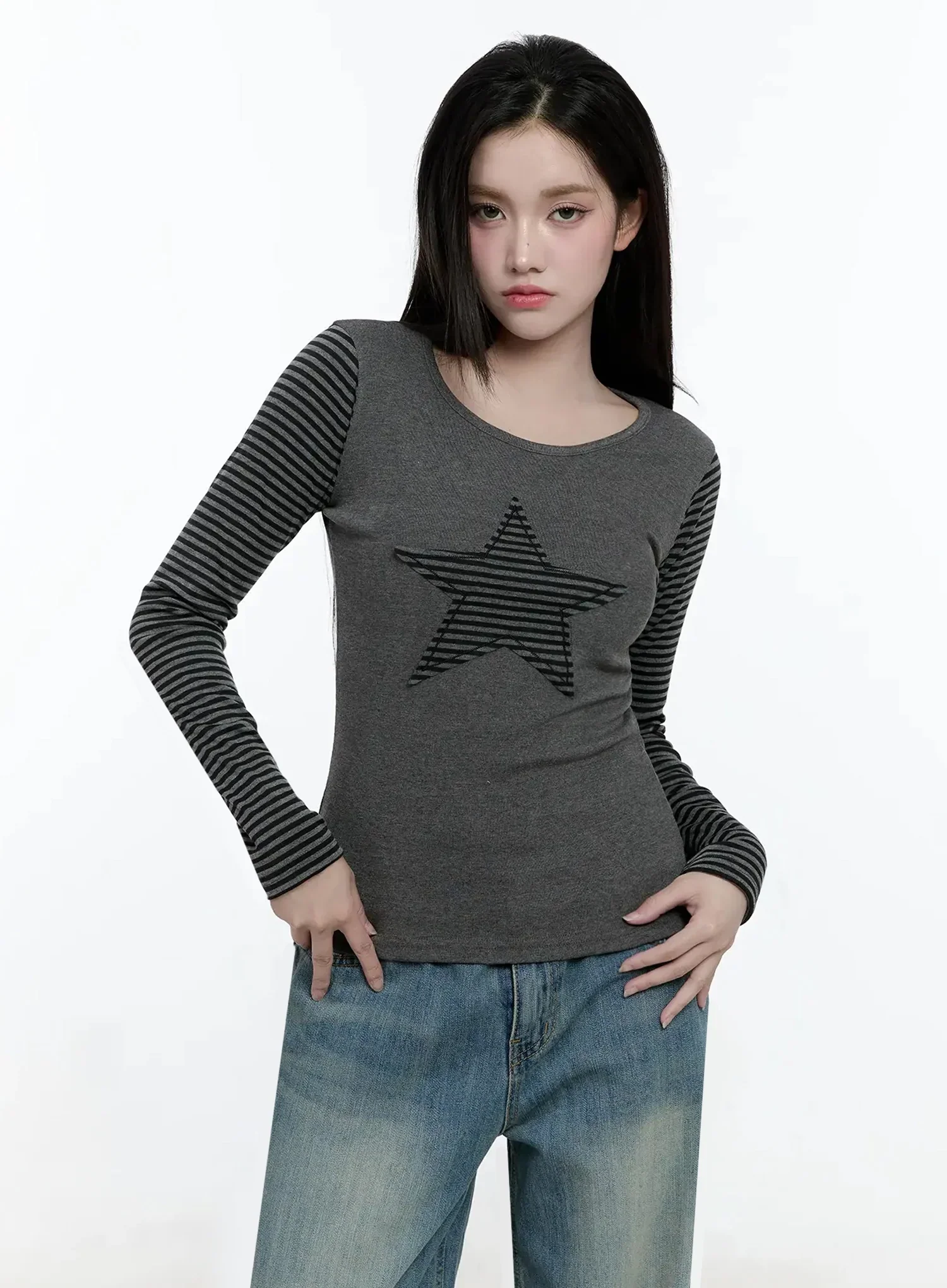 Striped Embroidery Long Sleeve Tee IO520 - Image 11