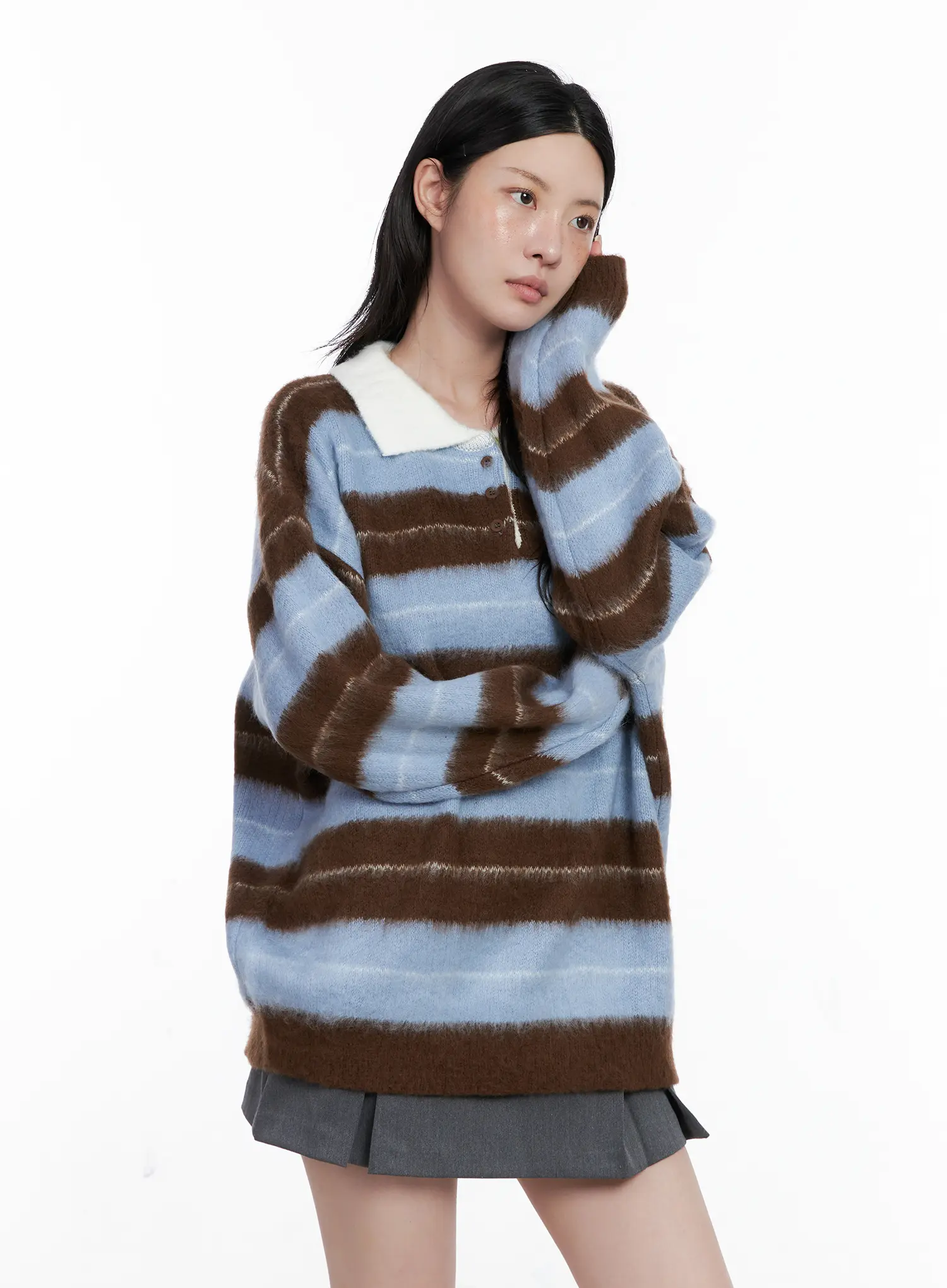 Striped Fuzzy Collared Knit Sweater CS529 - Image 3