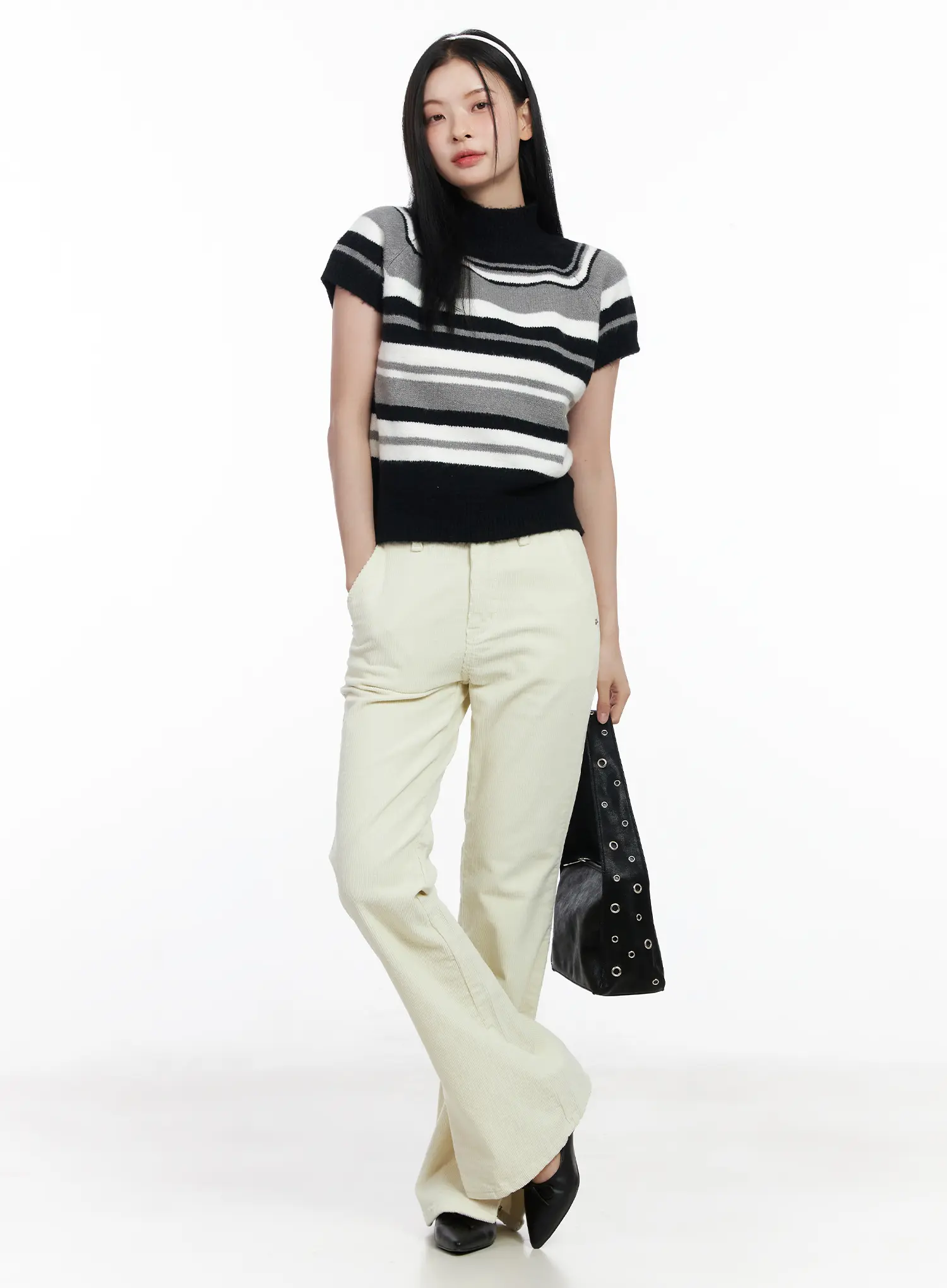 Striped Turtleneck Short Sleeve Knit Top CJ520 - Image 7