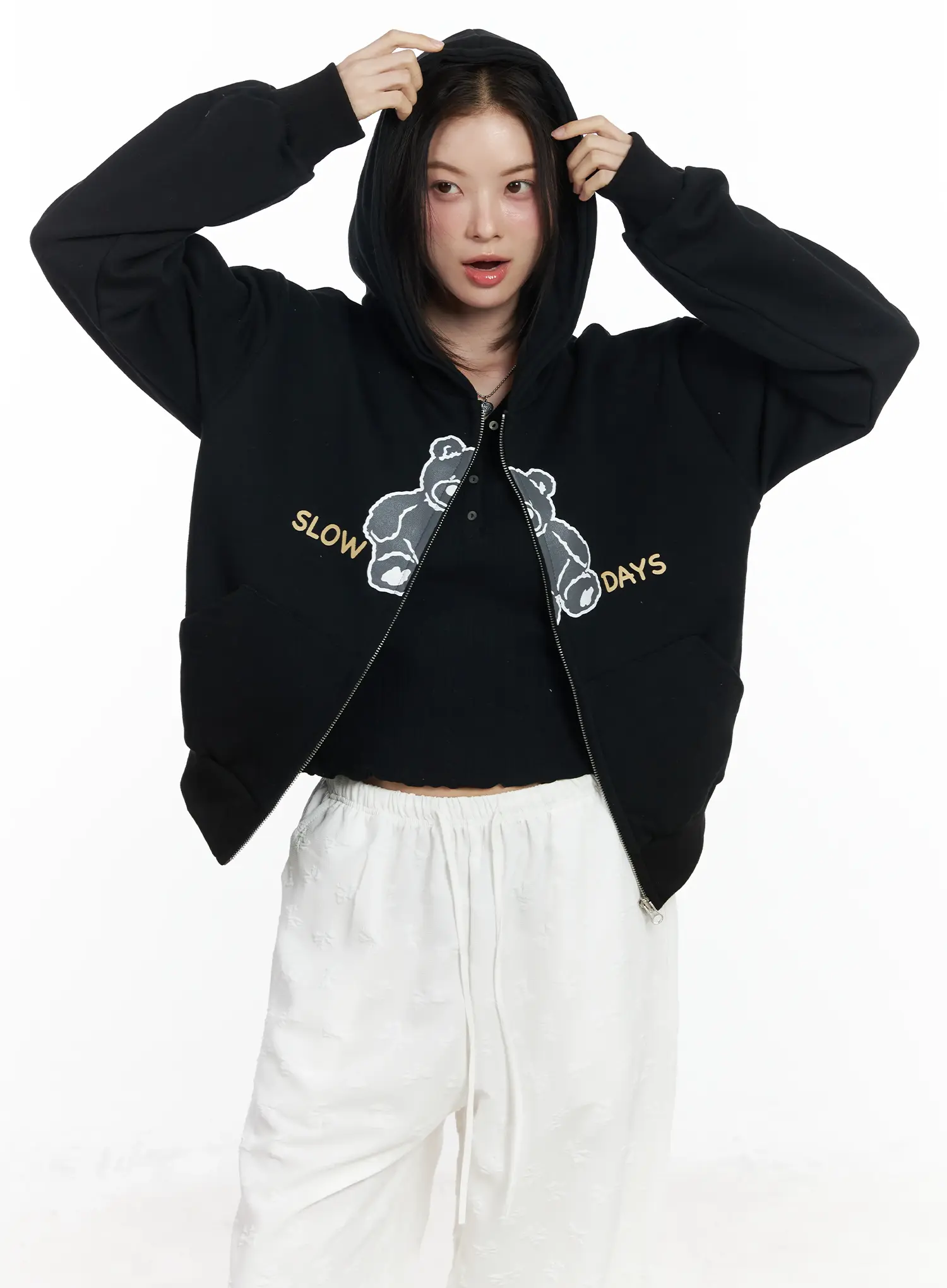 Teddy Bear Graphic Two-Way Zip-Up Hoodie IF525 - Image 13