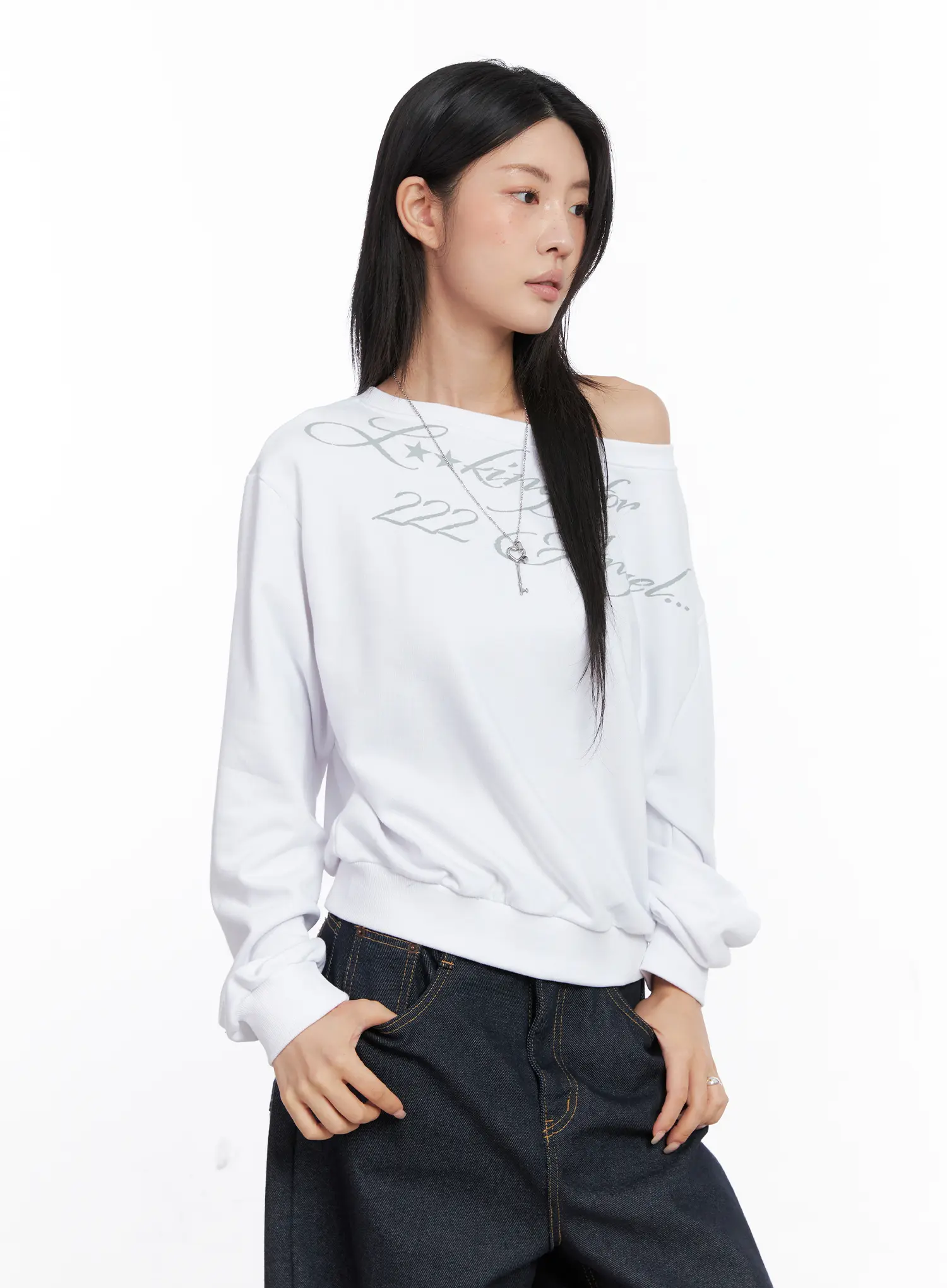 Text Print Off-Shoulder Sweatshirt CO508 - Image 2