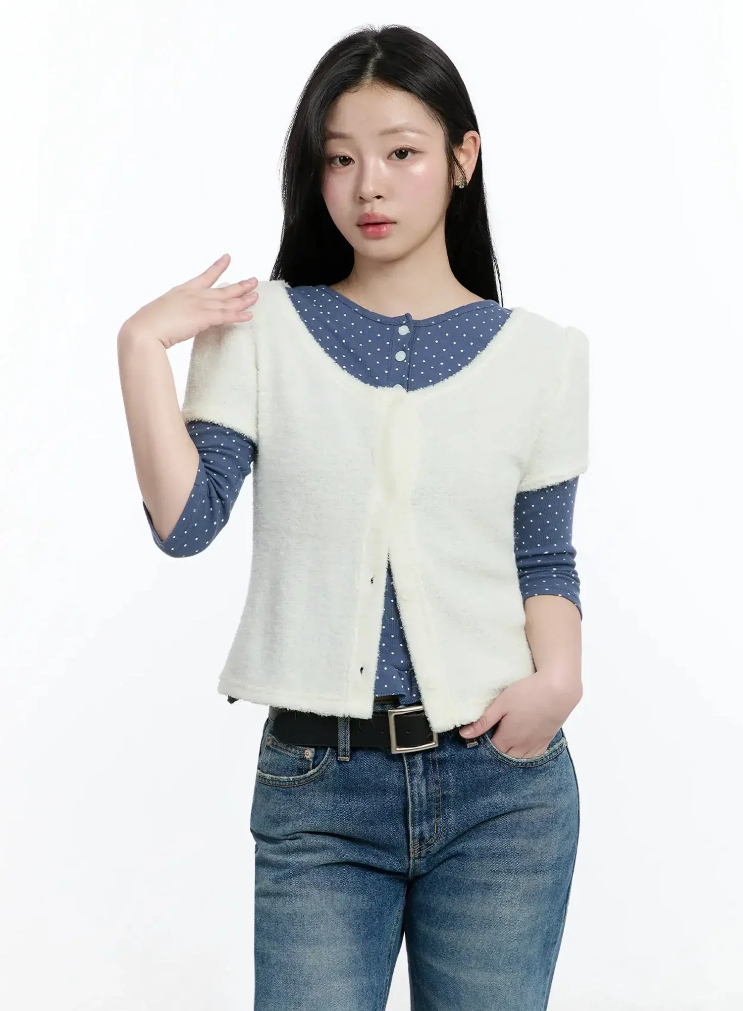 Textured Knit Shoulder Puff Short SleeveCardigan IM513 - Image 4