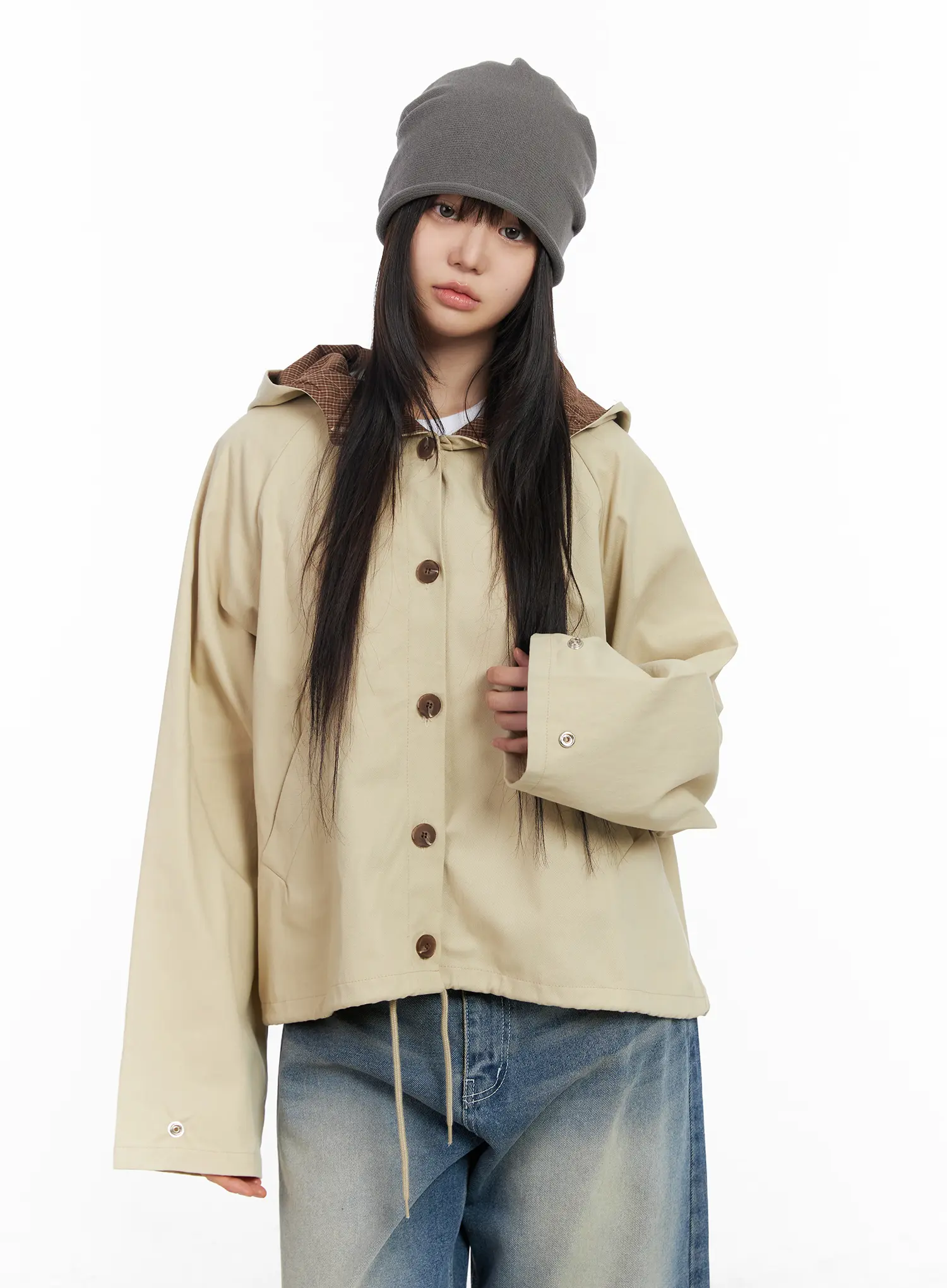 Two-Tone Short Trench Hooded Jacket CM512 - Image 10