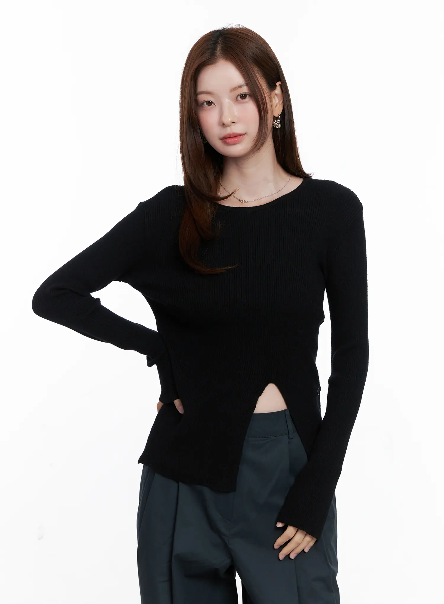 Two-Way Button Side-Slit Knit Top CG521 - Image 9