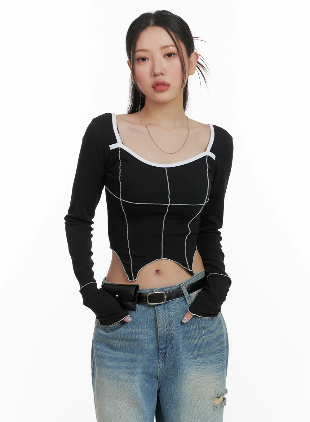U Neck Stitched Detail Cropped Long Sleeve CA416 - Image 4