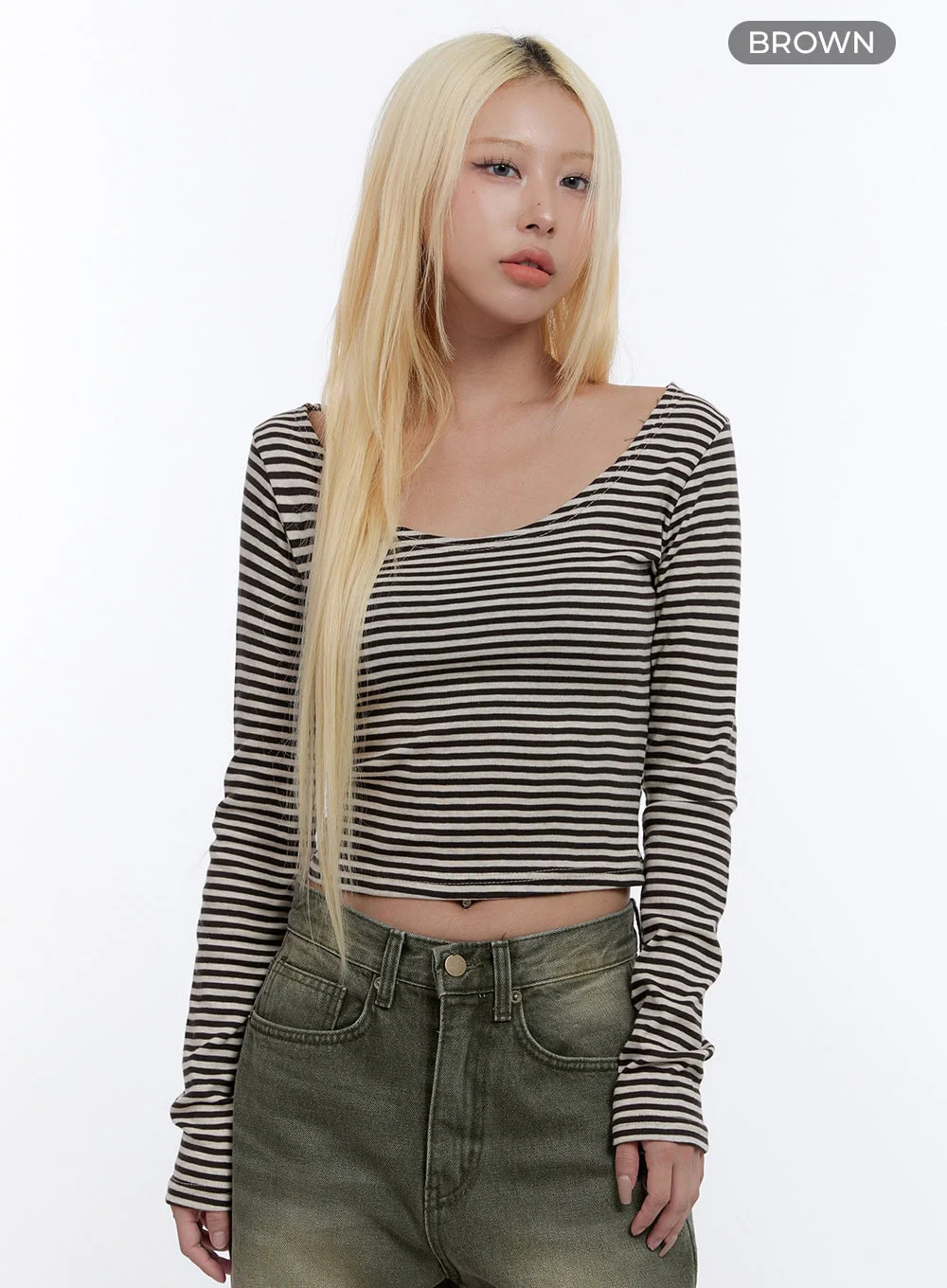 U Neck Stripe Crop Long Sleeve Top CO419 - Image 6
