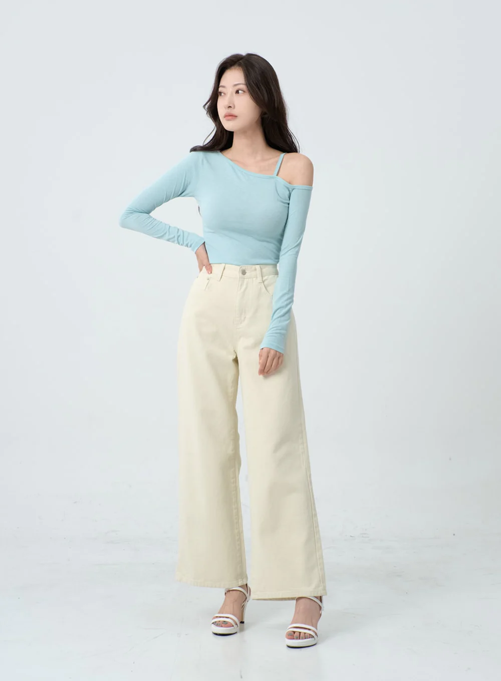 Unbalance Thin Strap Off-Shoulder T-Shirt IO24 - Image 9