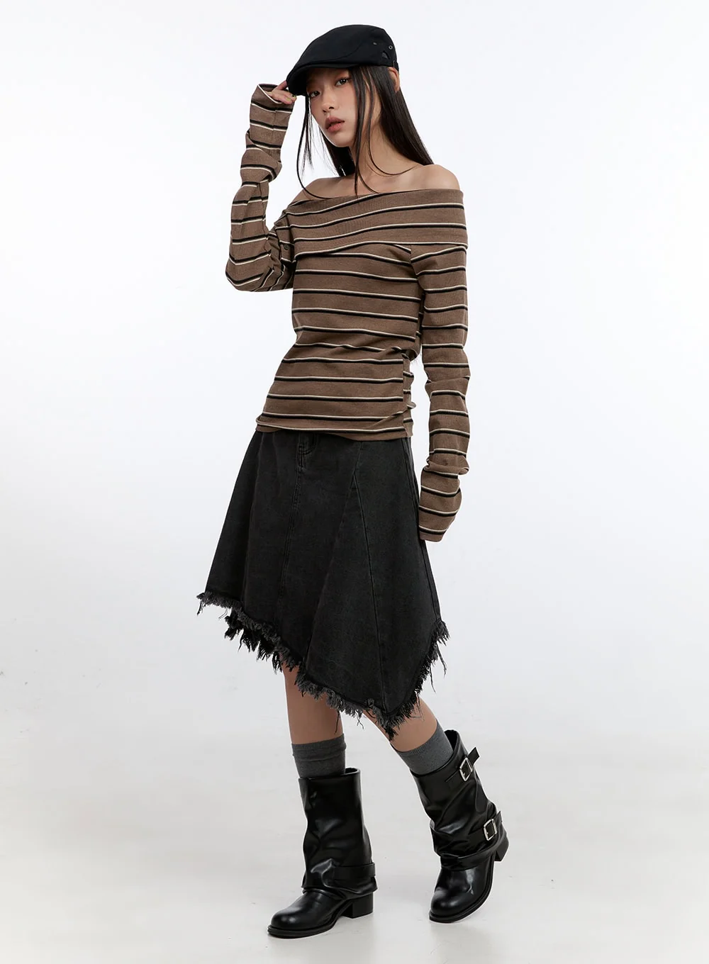 Unbalanced Washed Denim Midi Skirt CN401 - Image 8