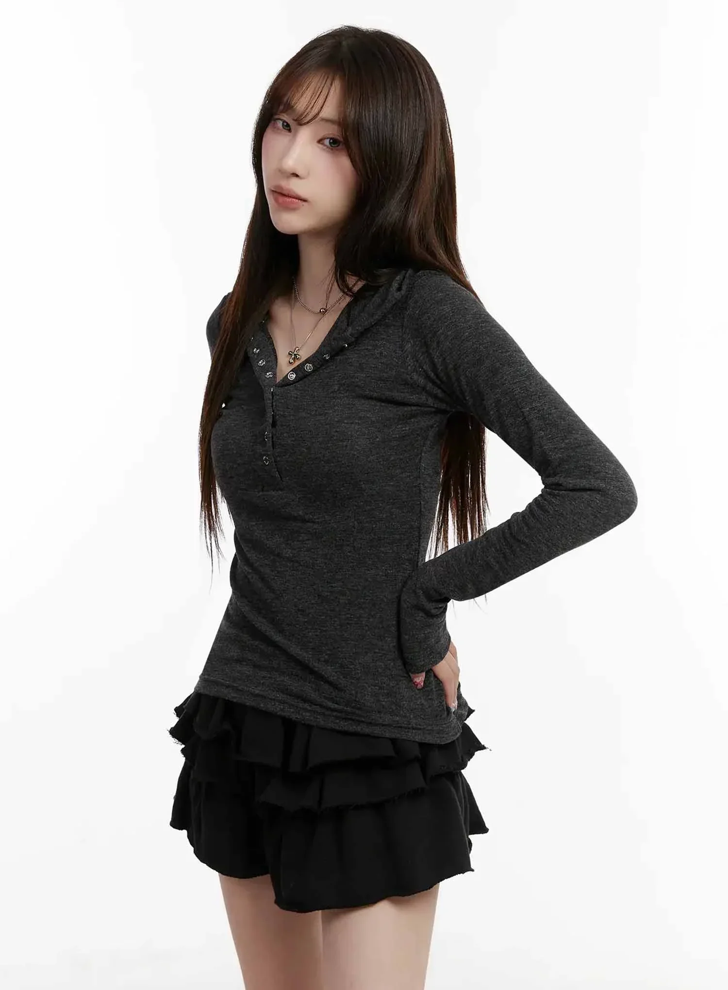 V Neck Button Slim Hooded Top IJ516 - Image 14