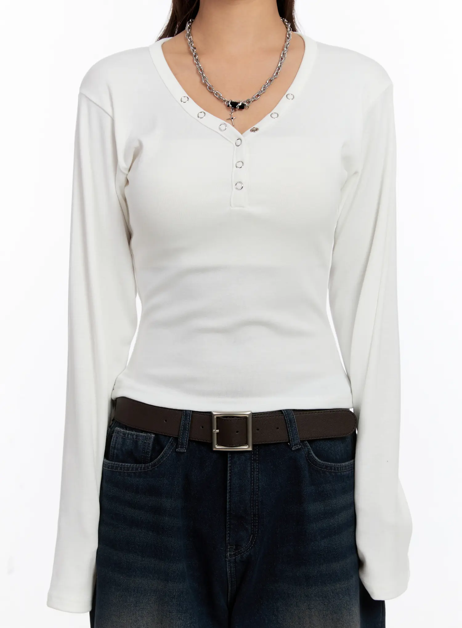 V-Neck Buttoned Slim Long Sleeve Tee CN527 - Image 3