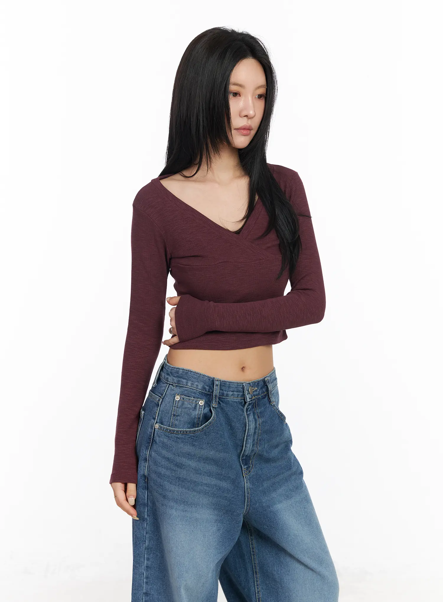 V-Neck Long Sleeve Crop Top CM516 - Image 2