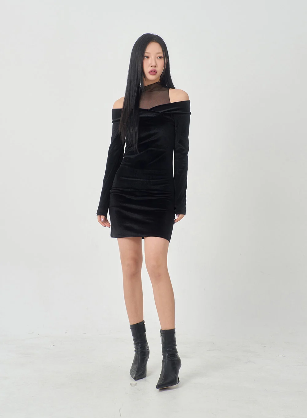 Velvet Off-Shoulder Mesh Neck Mini Dress BD23 - Image 9