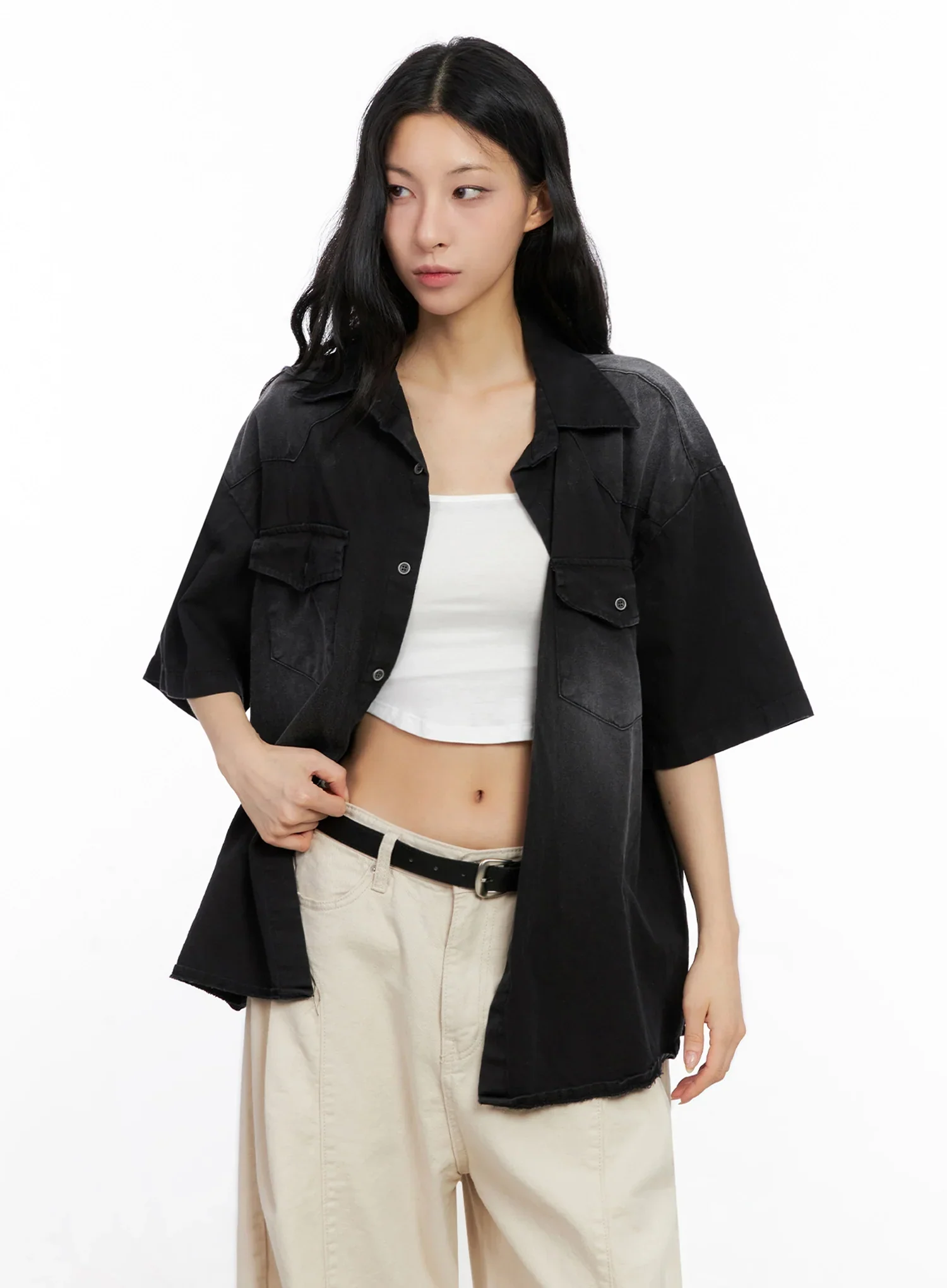 Washed Short-Sleeve Button-Up Shirt IG508 - Image 11