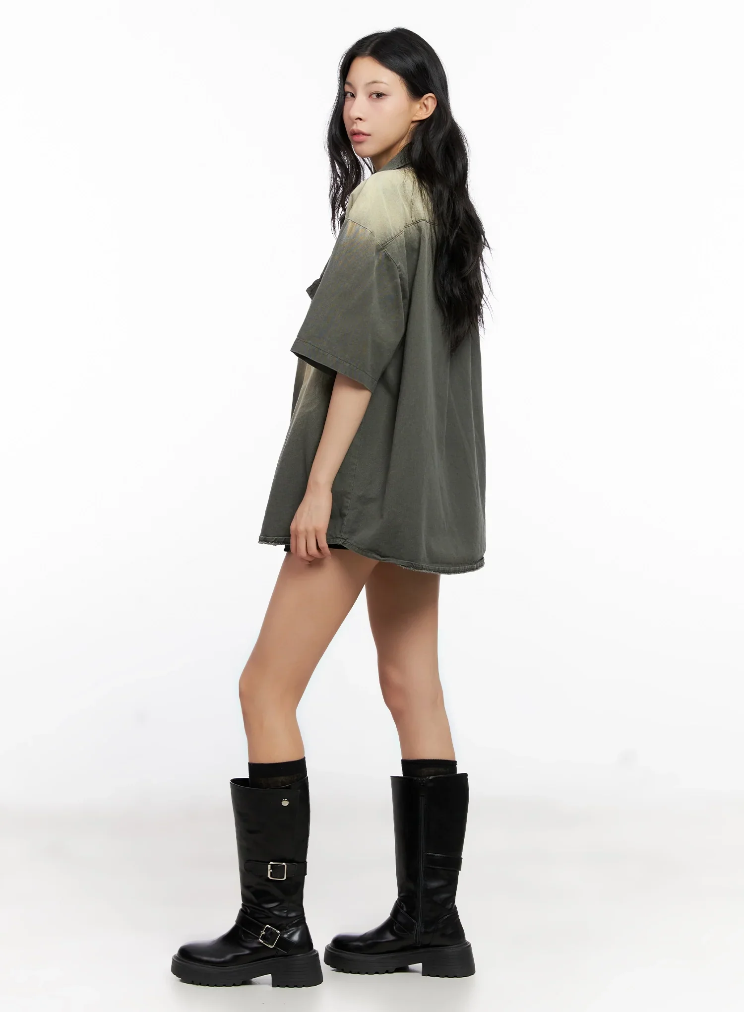 Washed Short-Sleeve Button-Up Shirt IG508 - Image 13