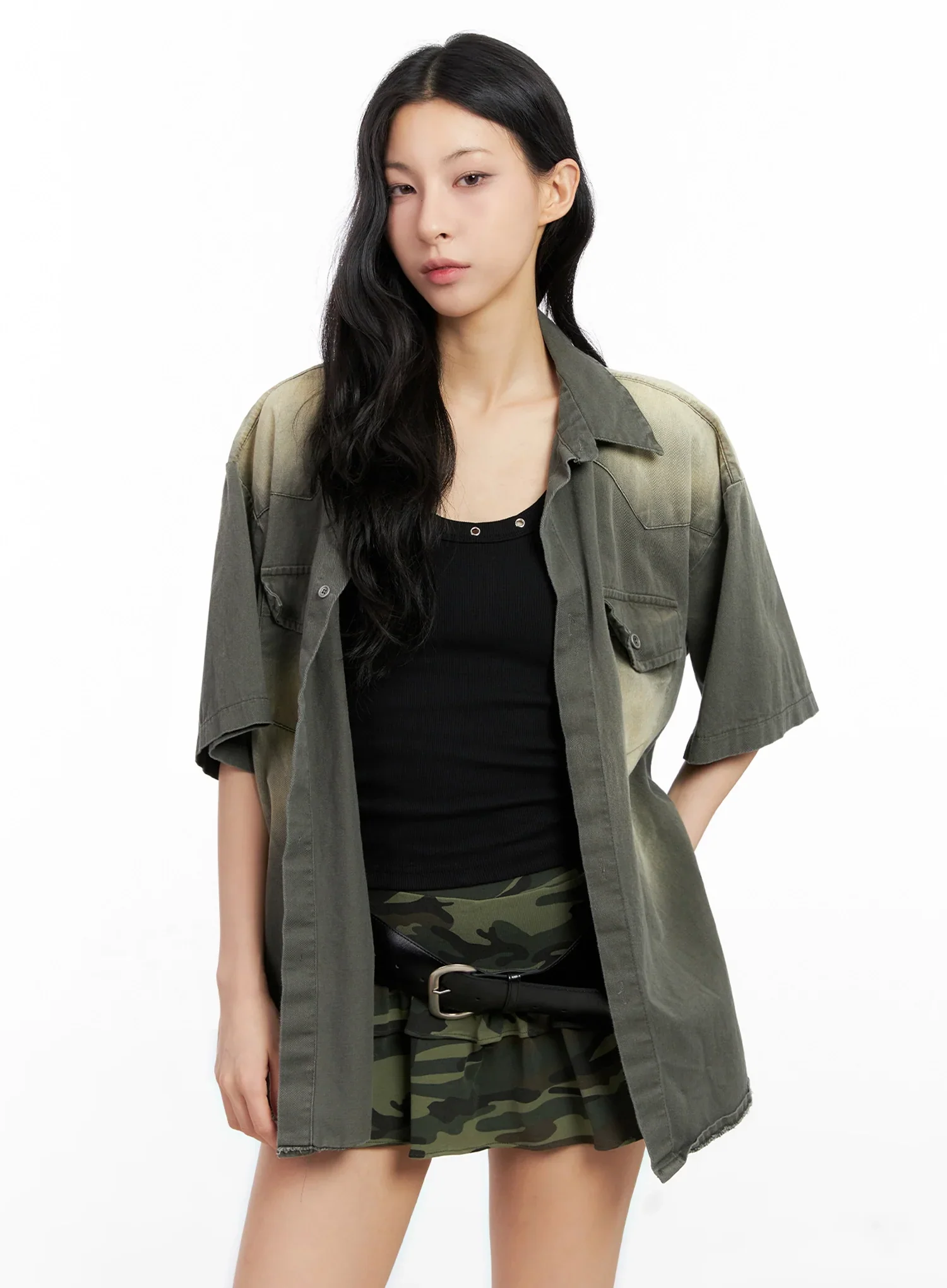 Washed Short-Sleeve Button-Up Shirt IG508 - Image 16